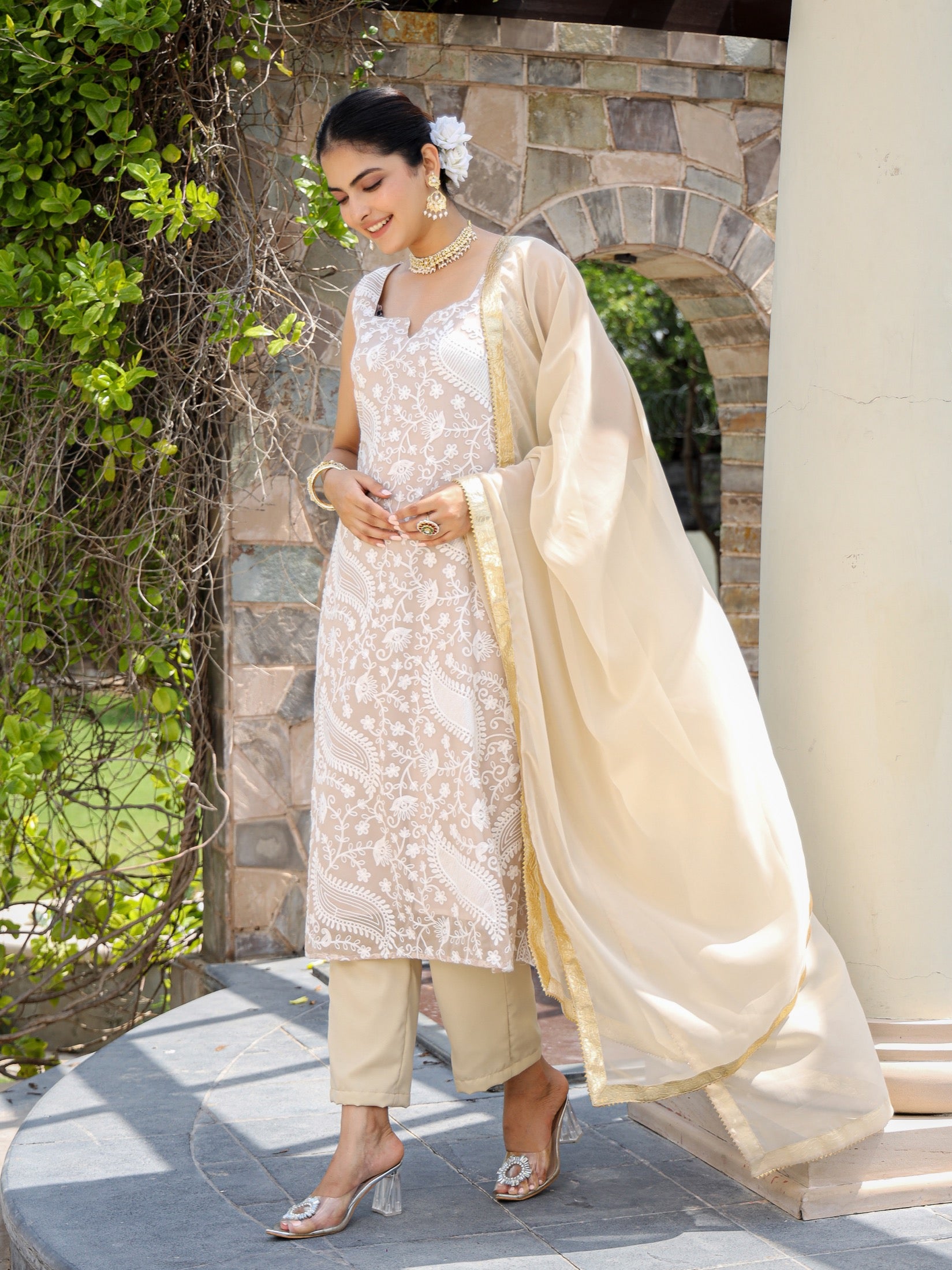 Vaani Beige Silk Chikankari Suit Set