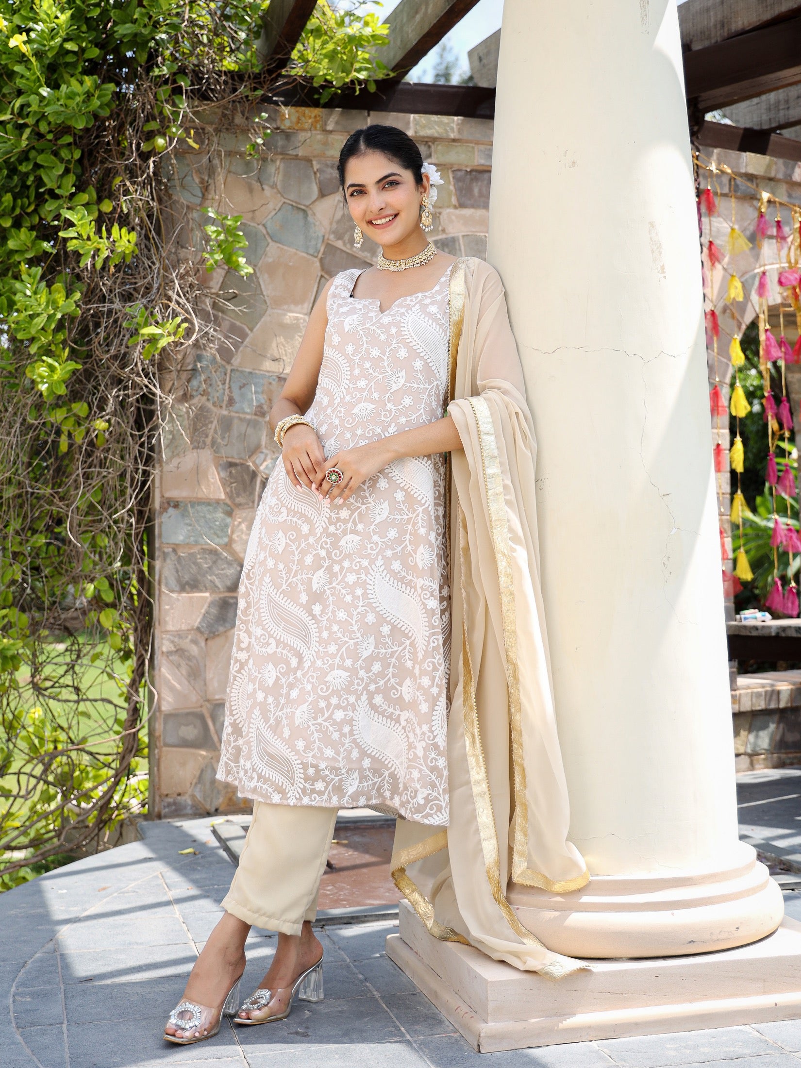 Vaani Beige Silk Chikankari Suit Set