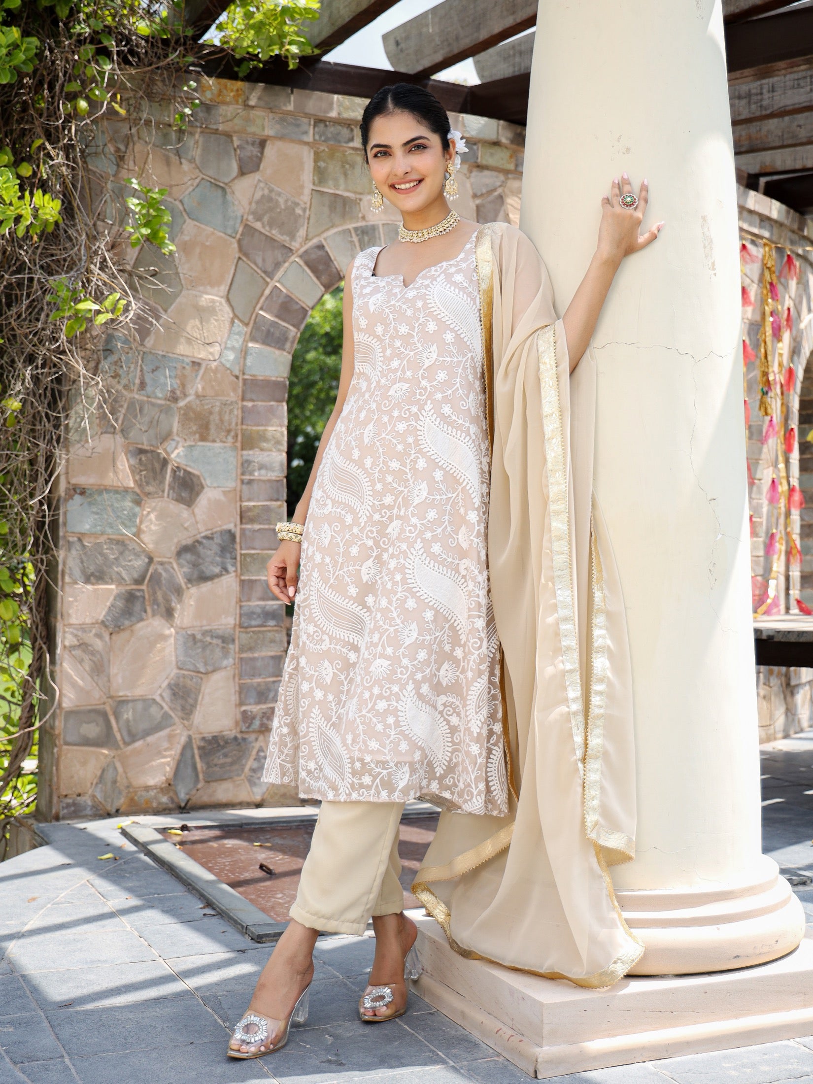 Vaani Beige Silk Chikankari Suit Set