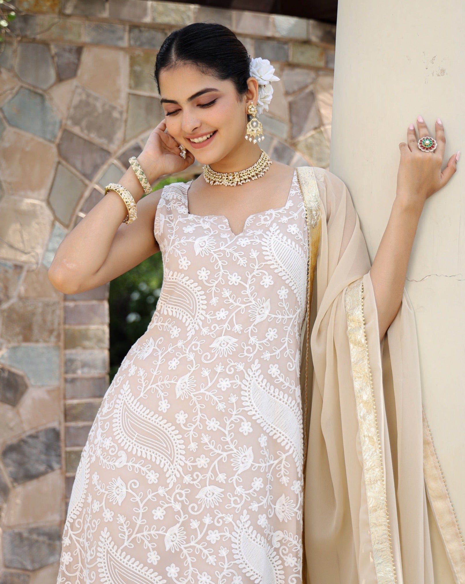 Vaani Beige Silk Chikankari Suit Set