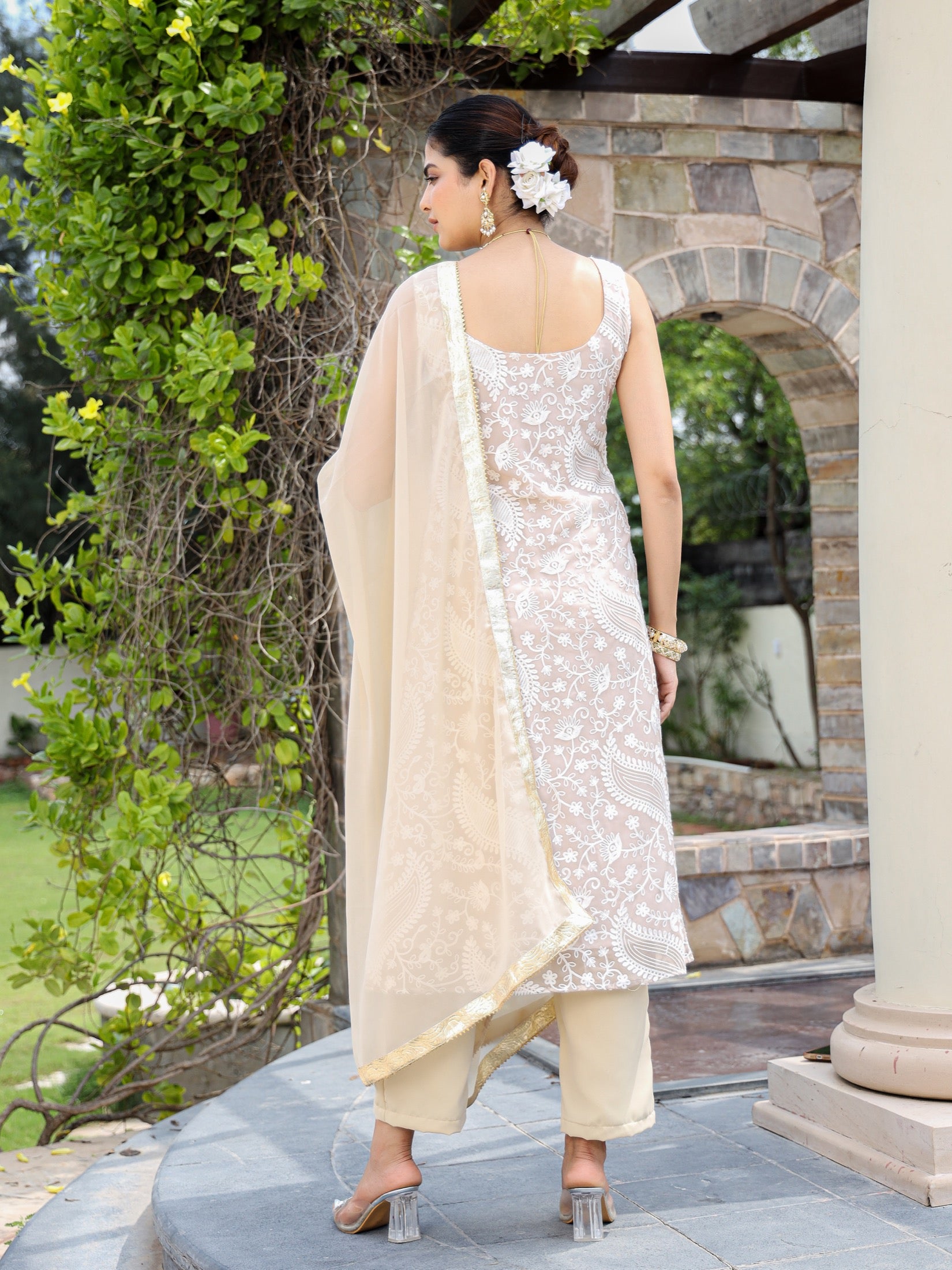 Vaani Beige Silk Chikankari Suit Set