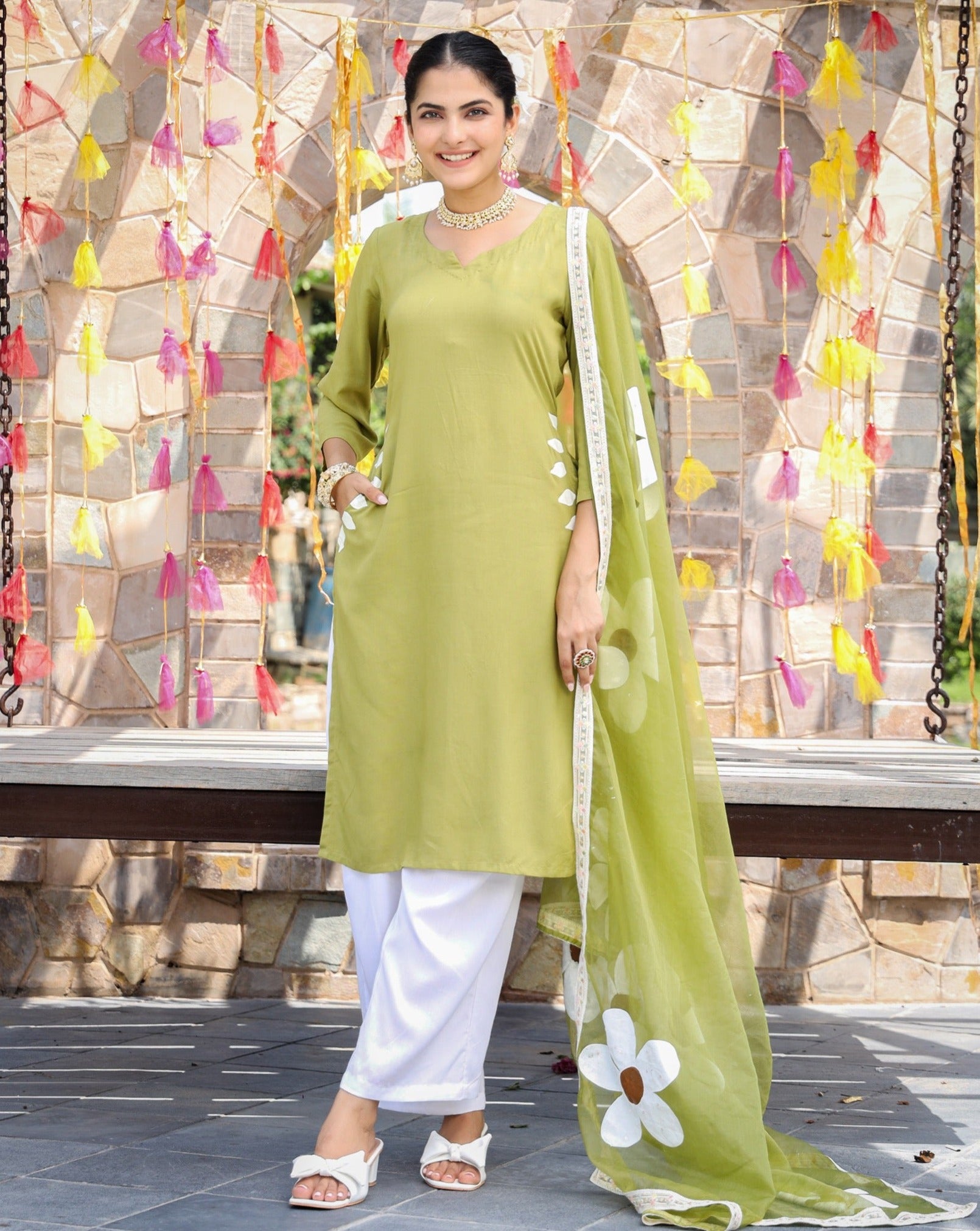 Nimrat Green Handpainted Suit Set