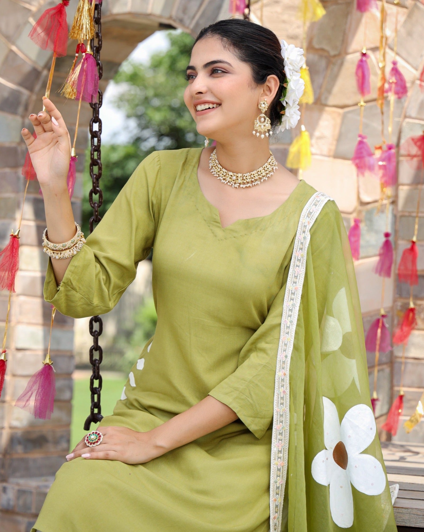 Nimrat Green Handpainted Suit Set