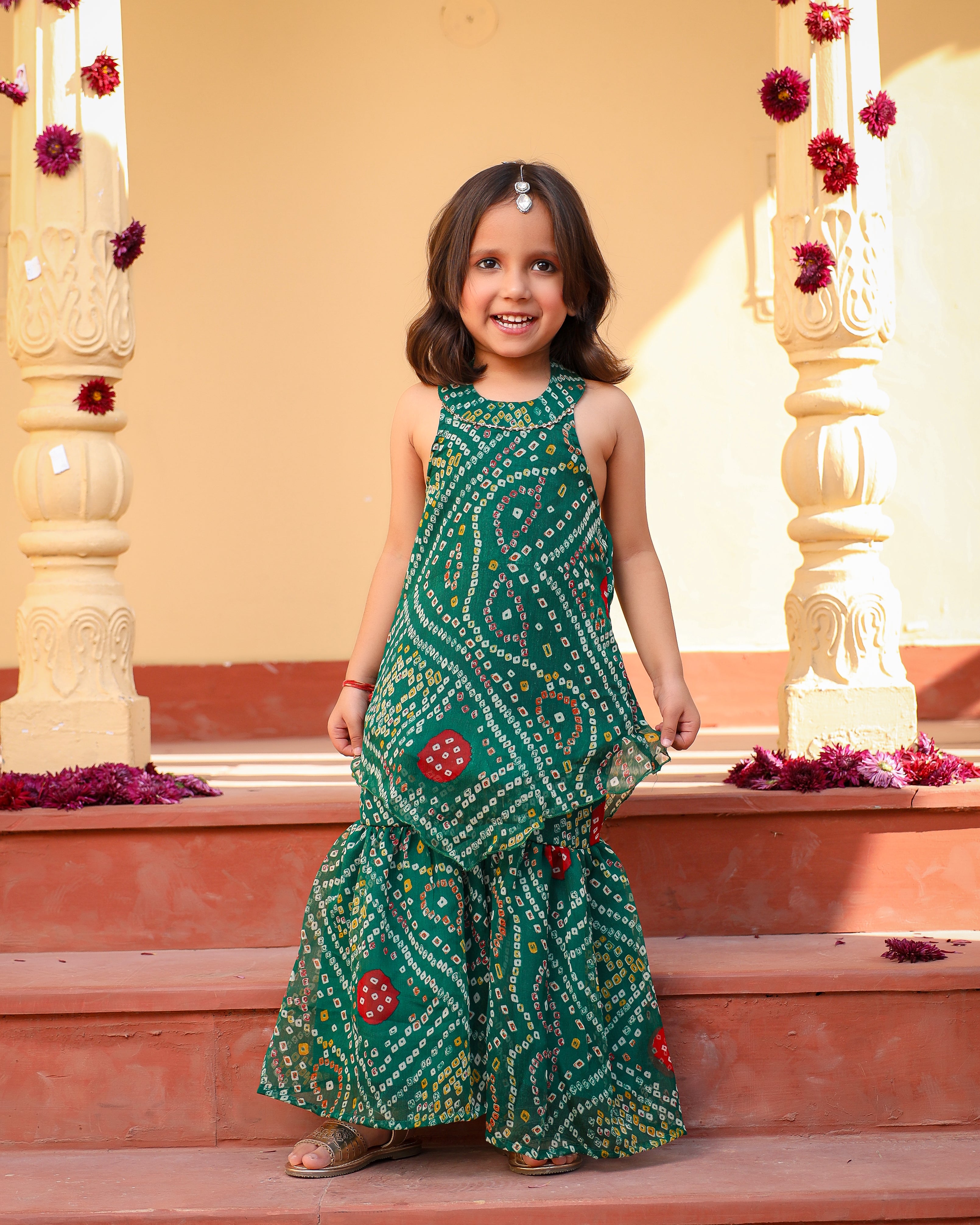 Kids Green Bandhani Sharara Set