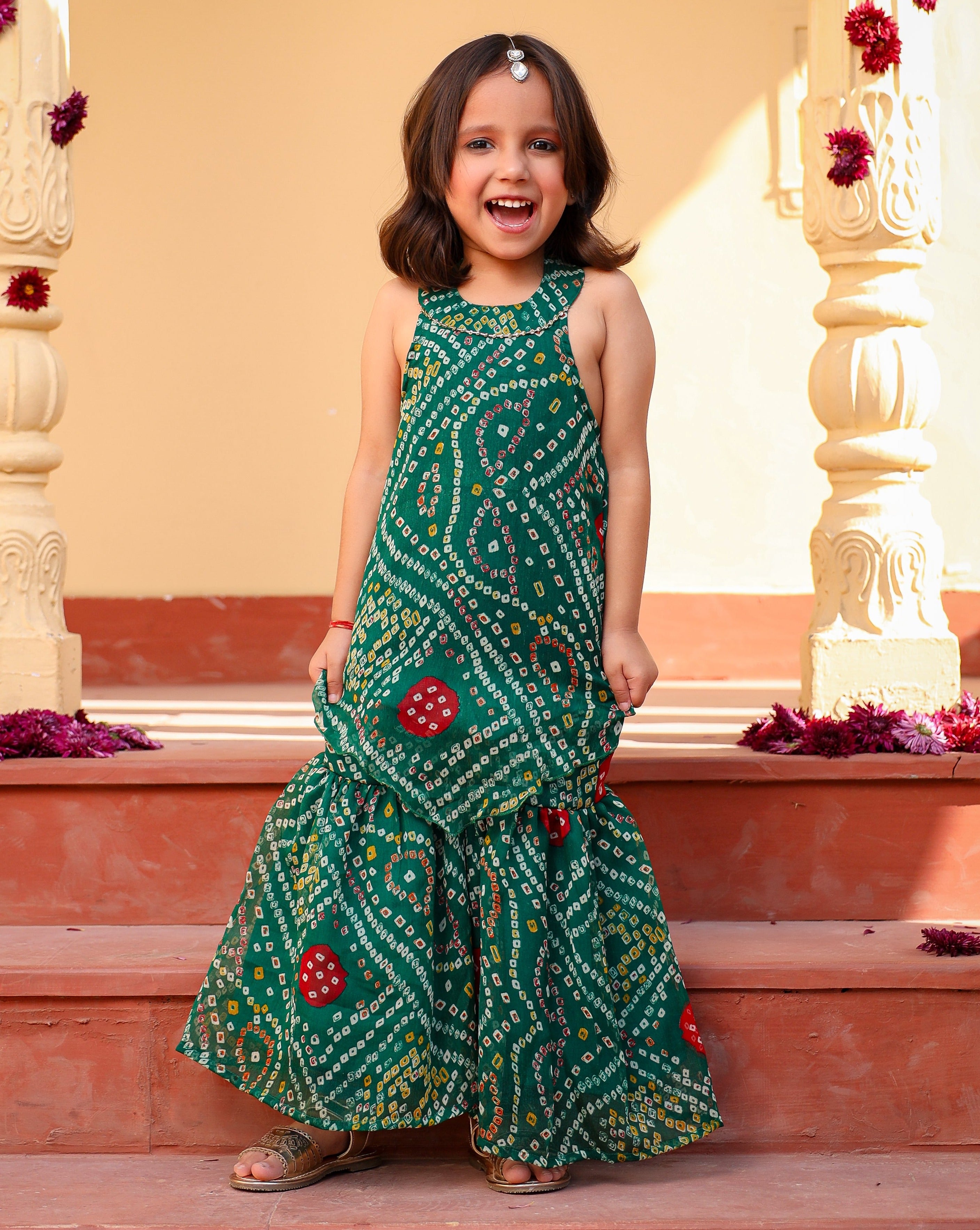 Kids Green Bandhani Sharara Set