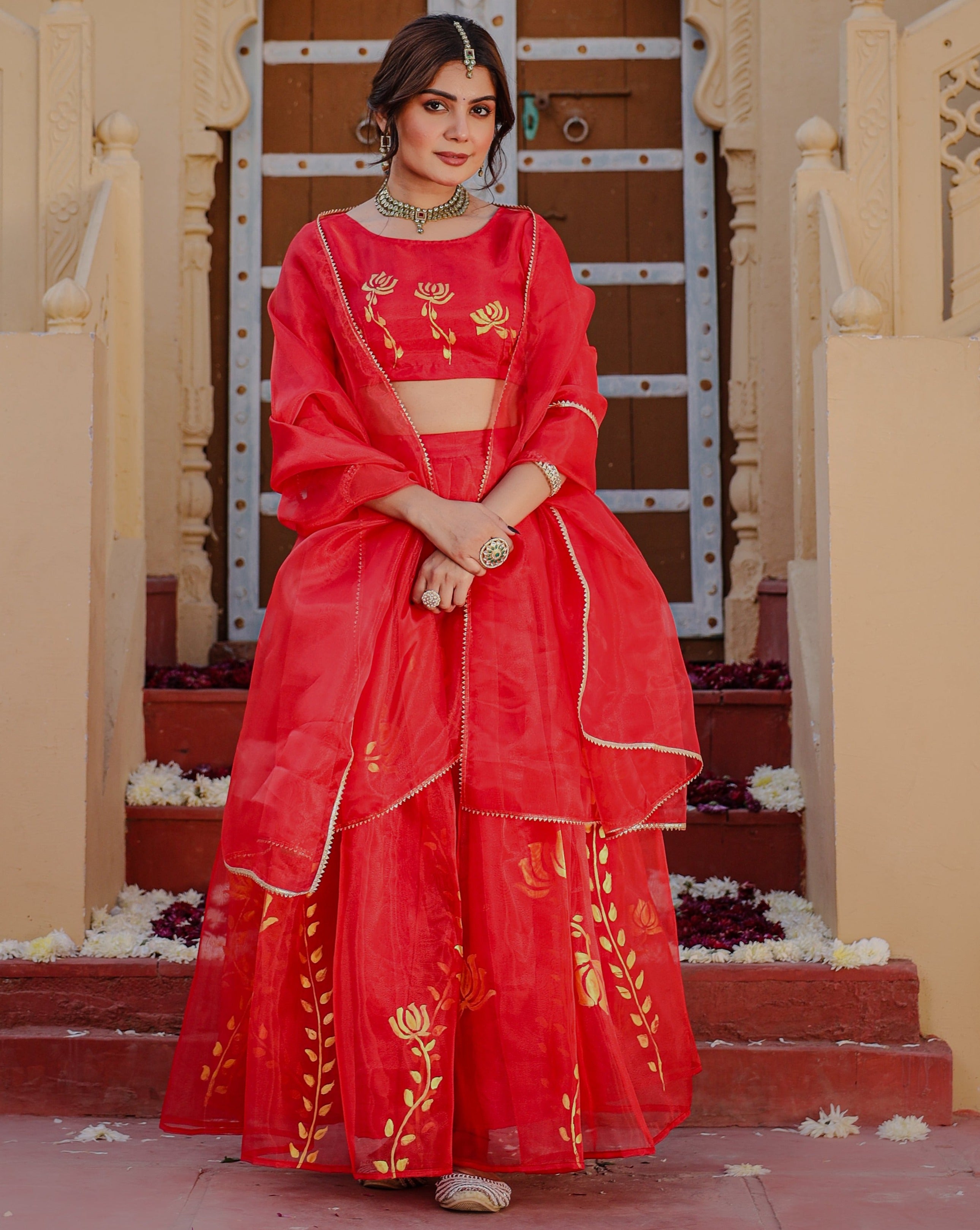 Red Lotus Handpainted Lehenga Set