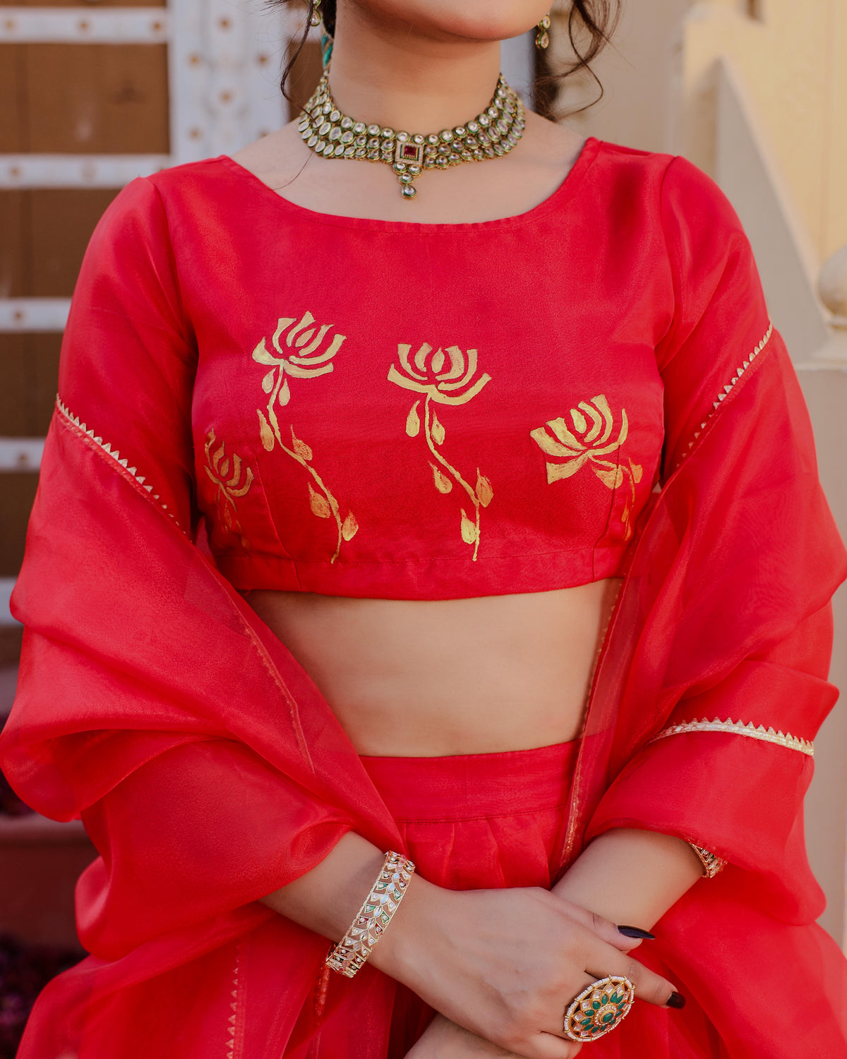 Red Lotus Handpainted Lehenga Set
