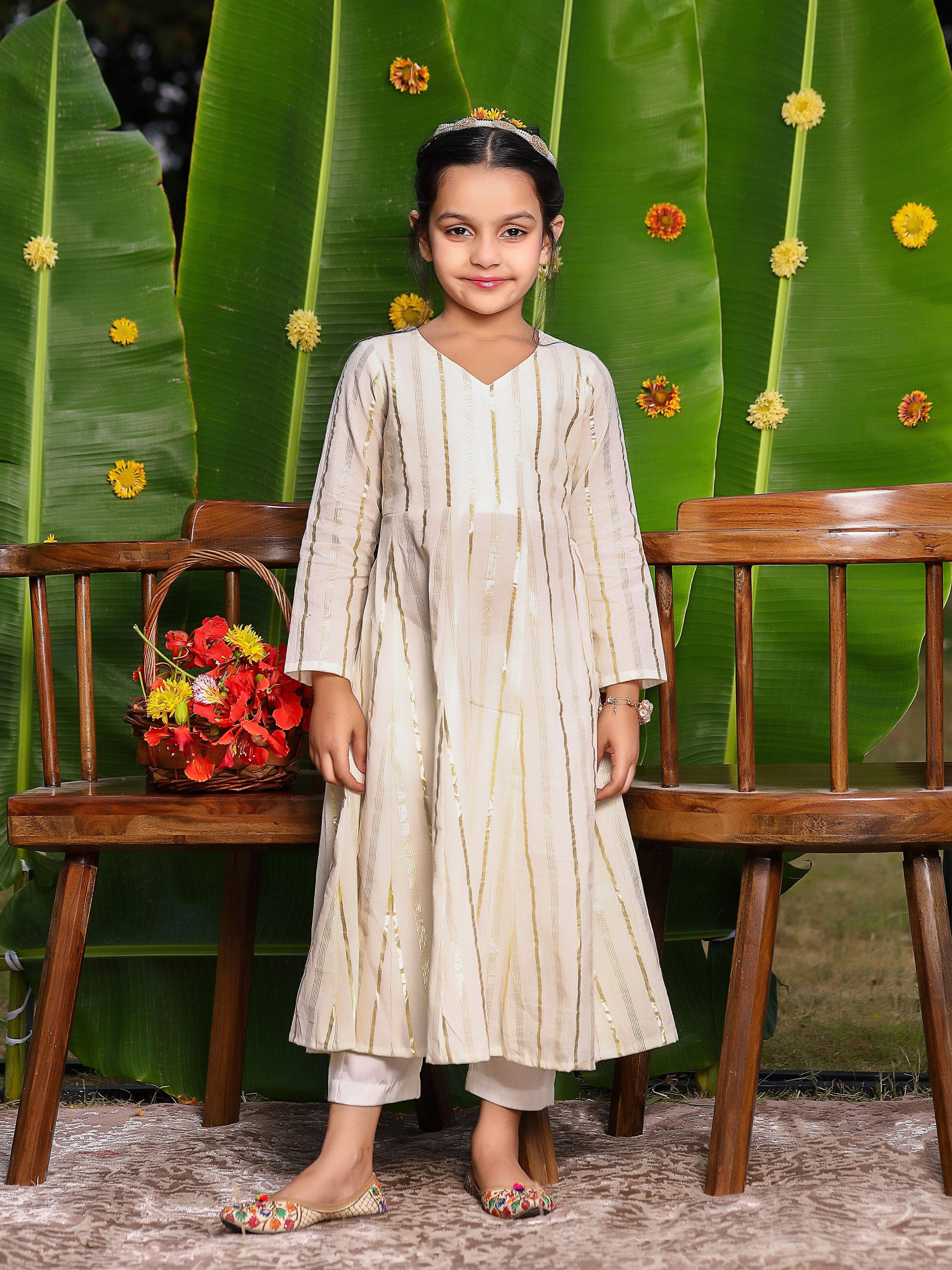 Gorgeous Kids White Cotton Lurex Anarkali Set