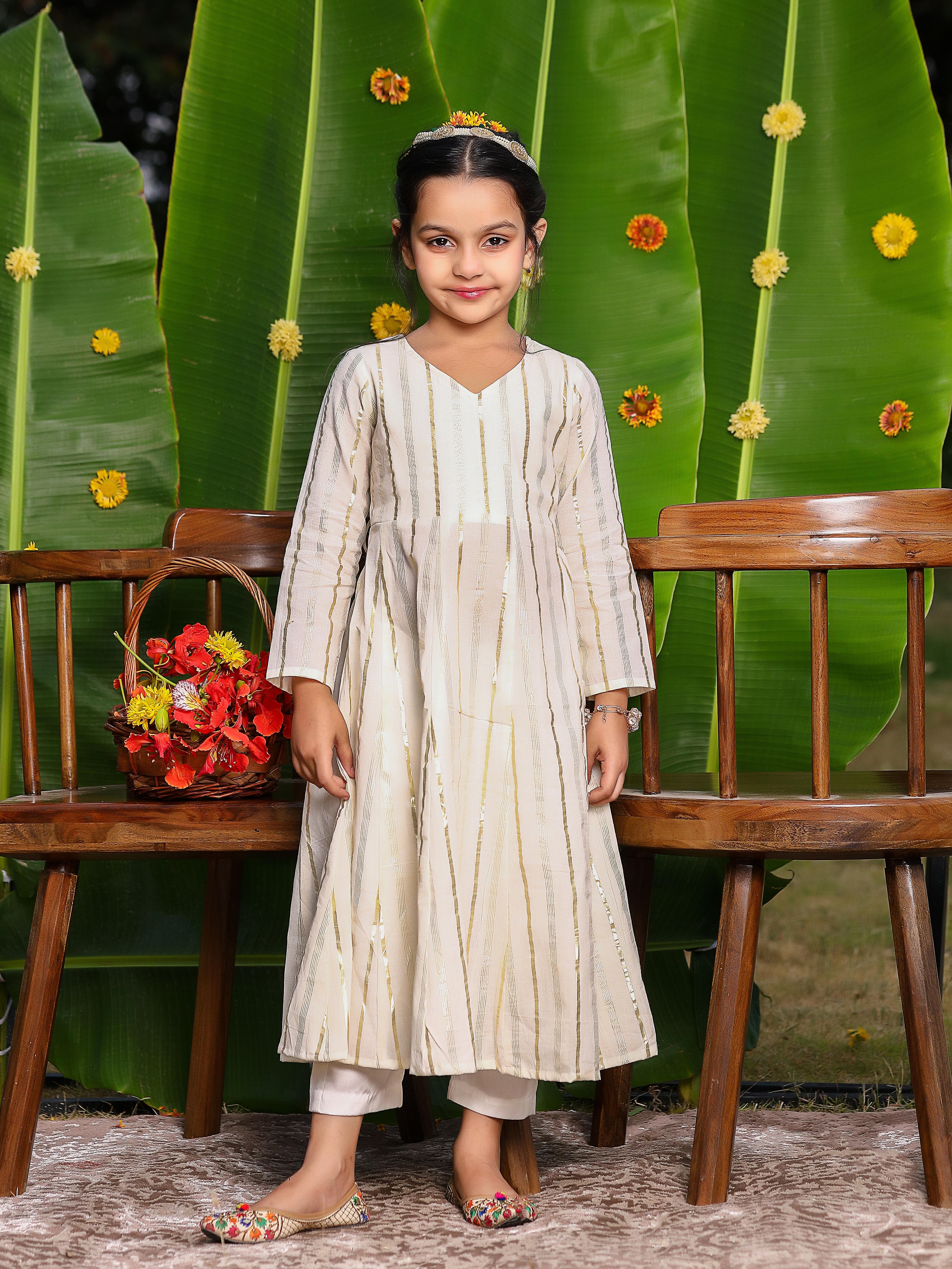 Gorgeous Kids White Cotton Lurex Anarkali Set