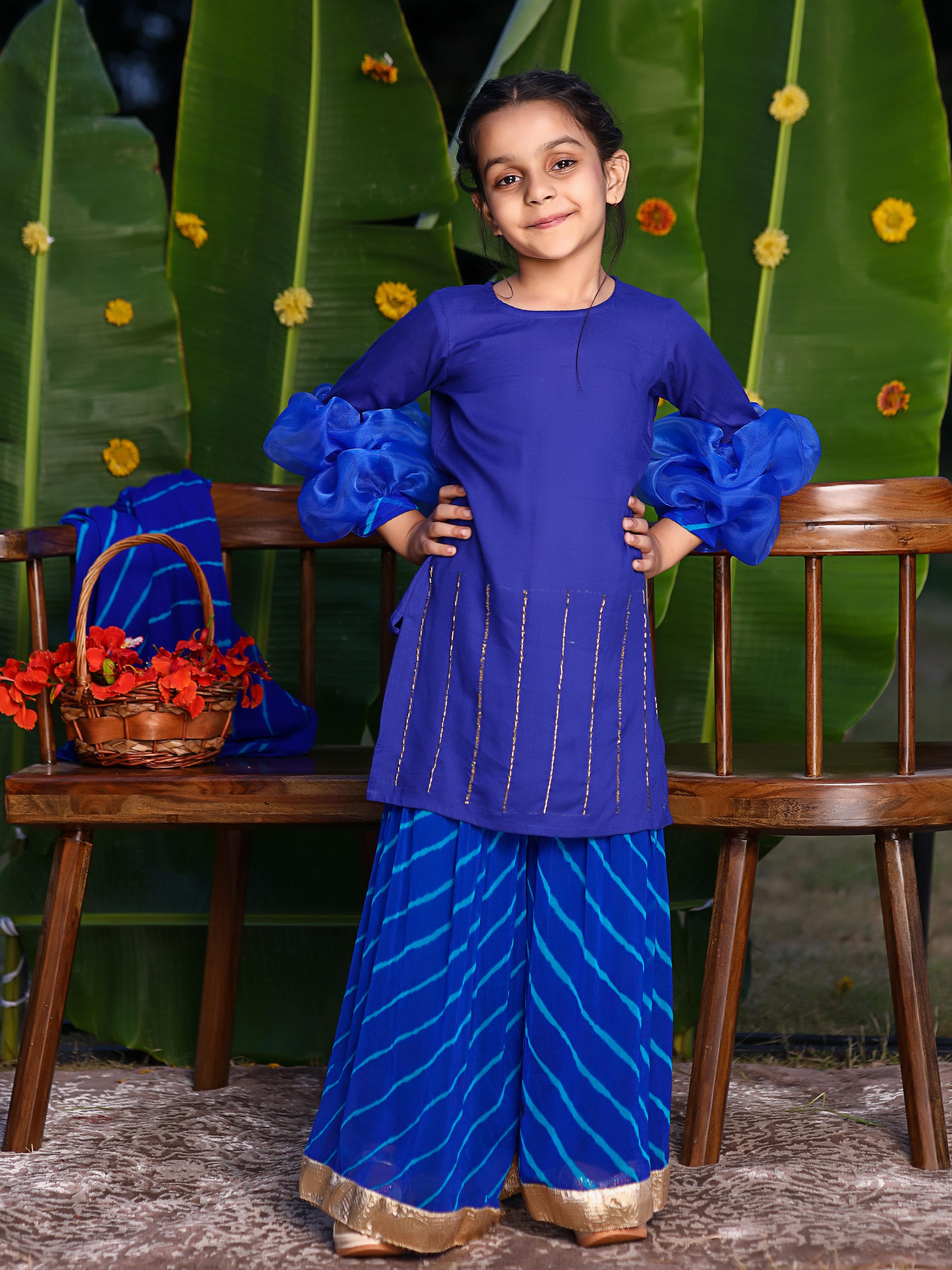 Blue Sequin Ballon Sleeves Sharara Set