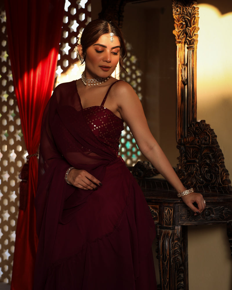 Maroon Flared Saree With Sequin Blouse