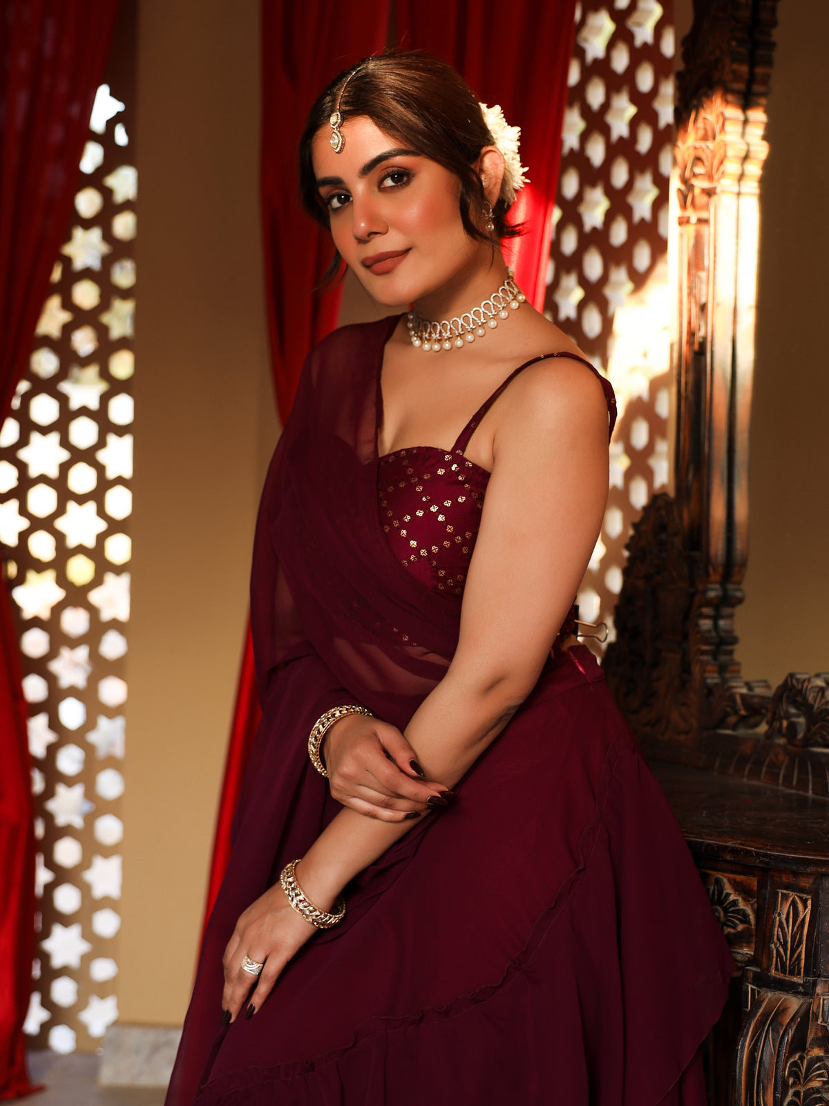 Maroon Flared Saree With Sequin Blouse