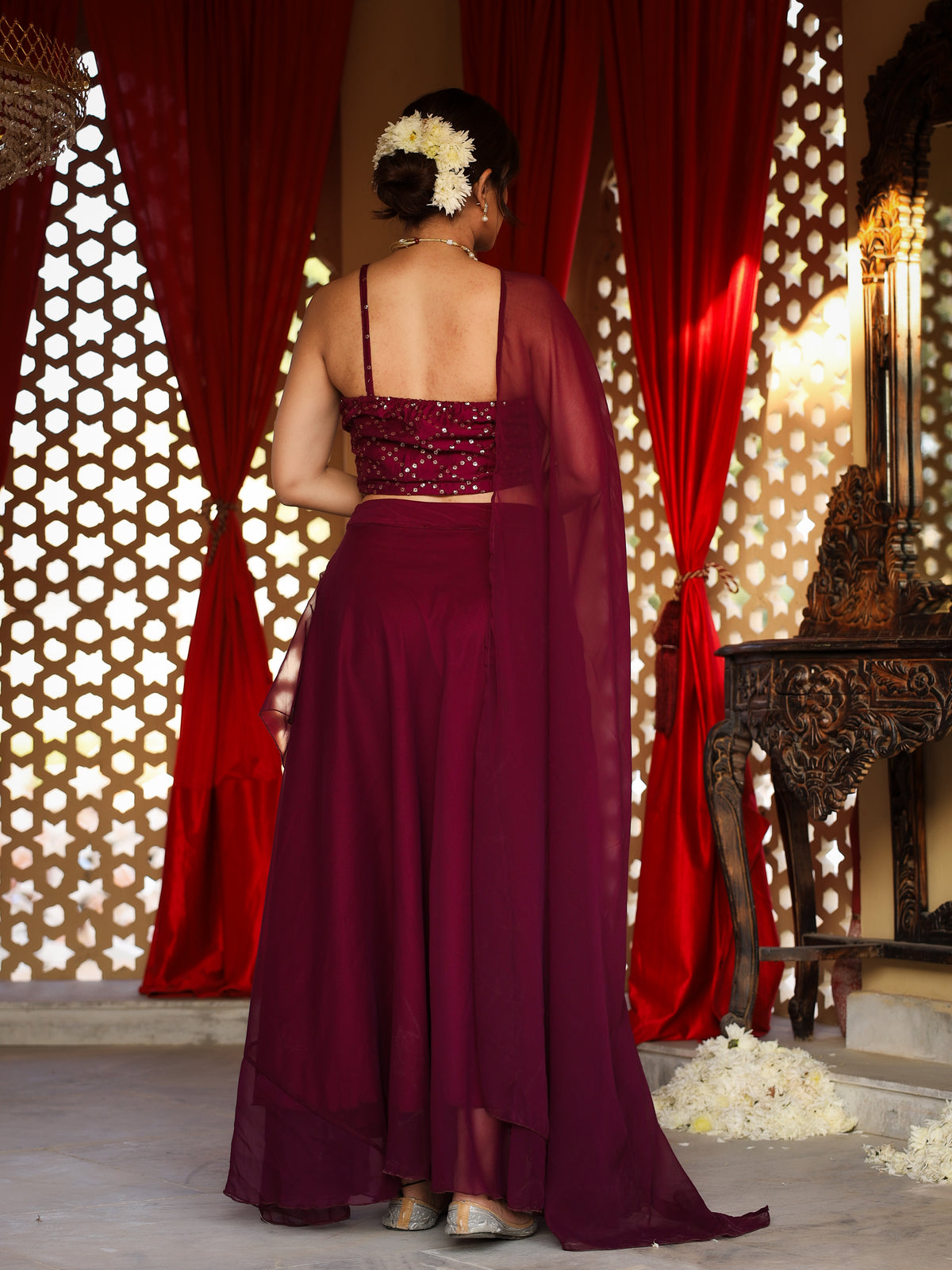 Maroon Flared Saree With Sequin Blouse