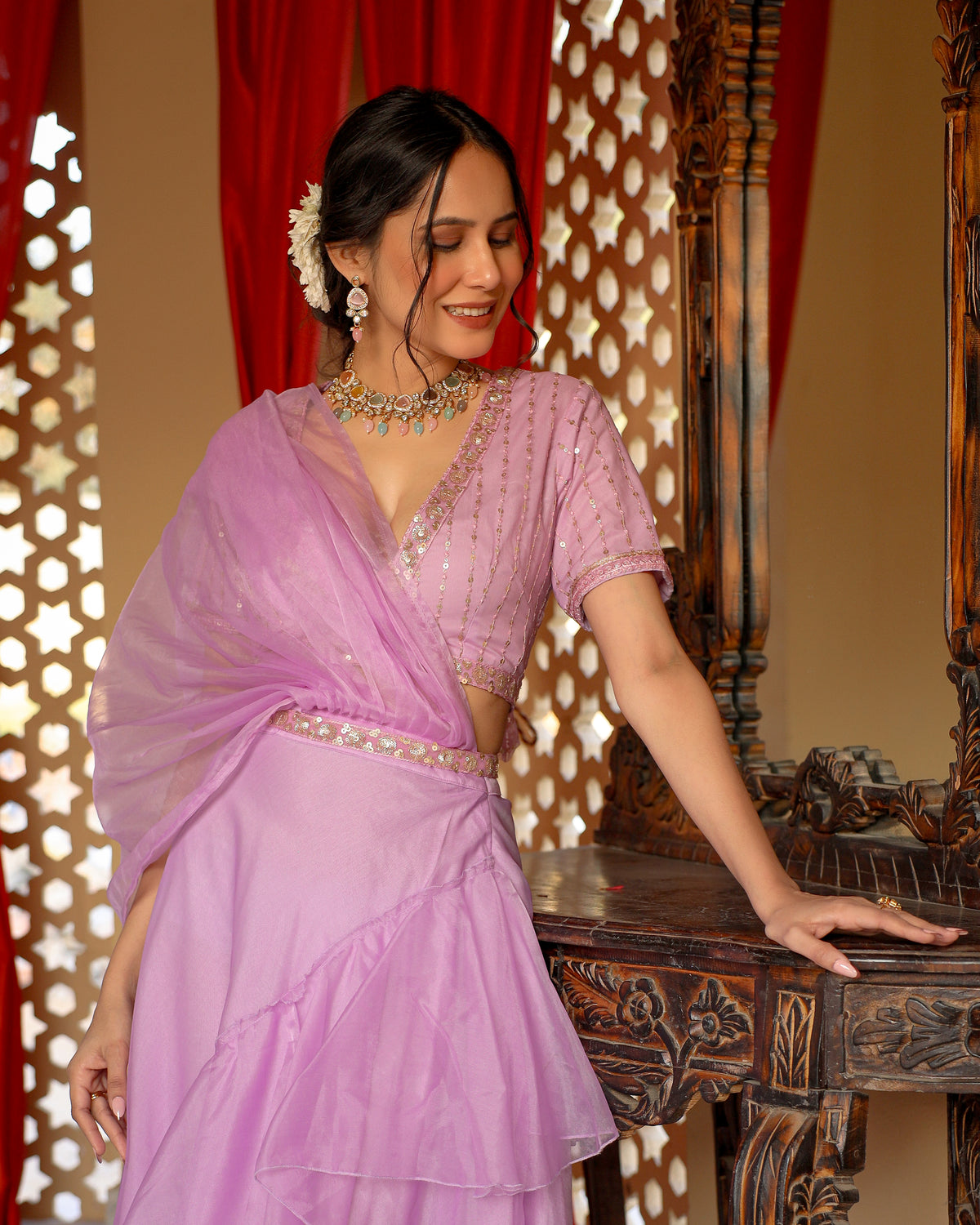 Levender Flared Pre- Draped Saree With Sequin Blouse