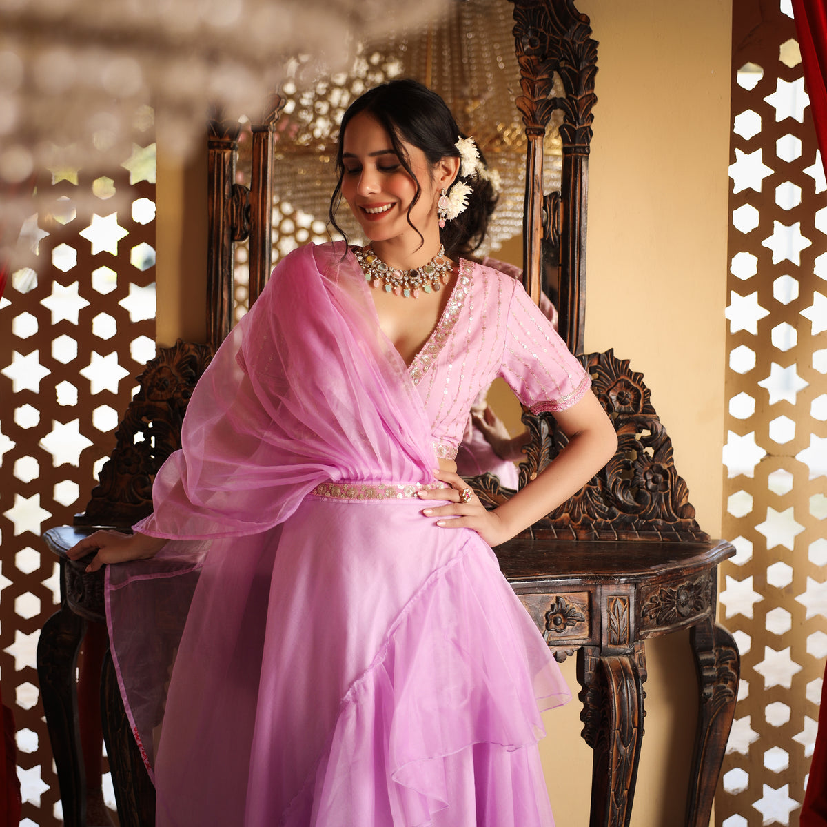 Levender Flared Pre- Draped Saree With Sequin Blouse