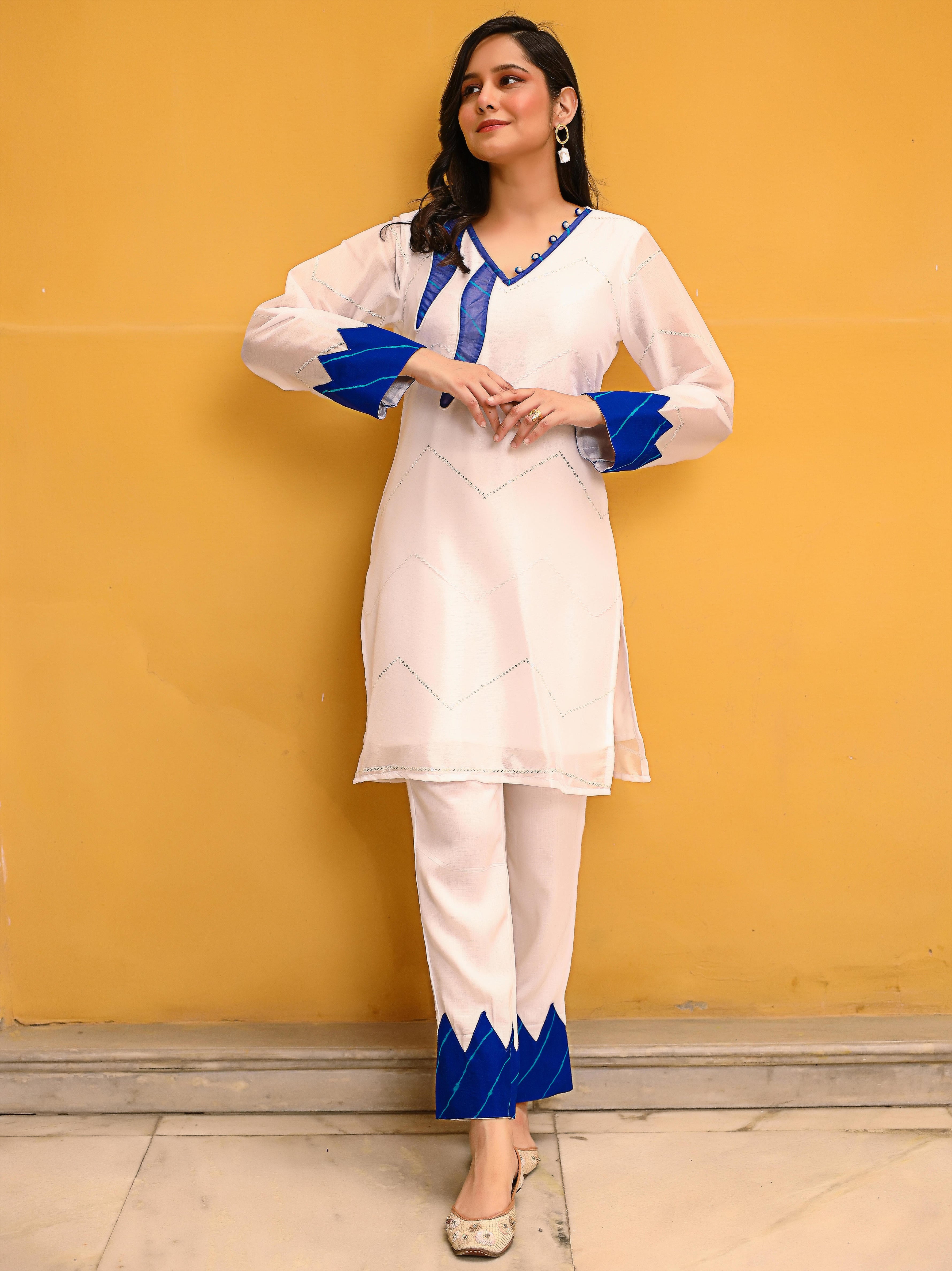 Pasty White Kurta Set With Blue Leheriya Patch