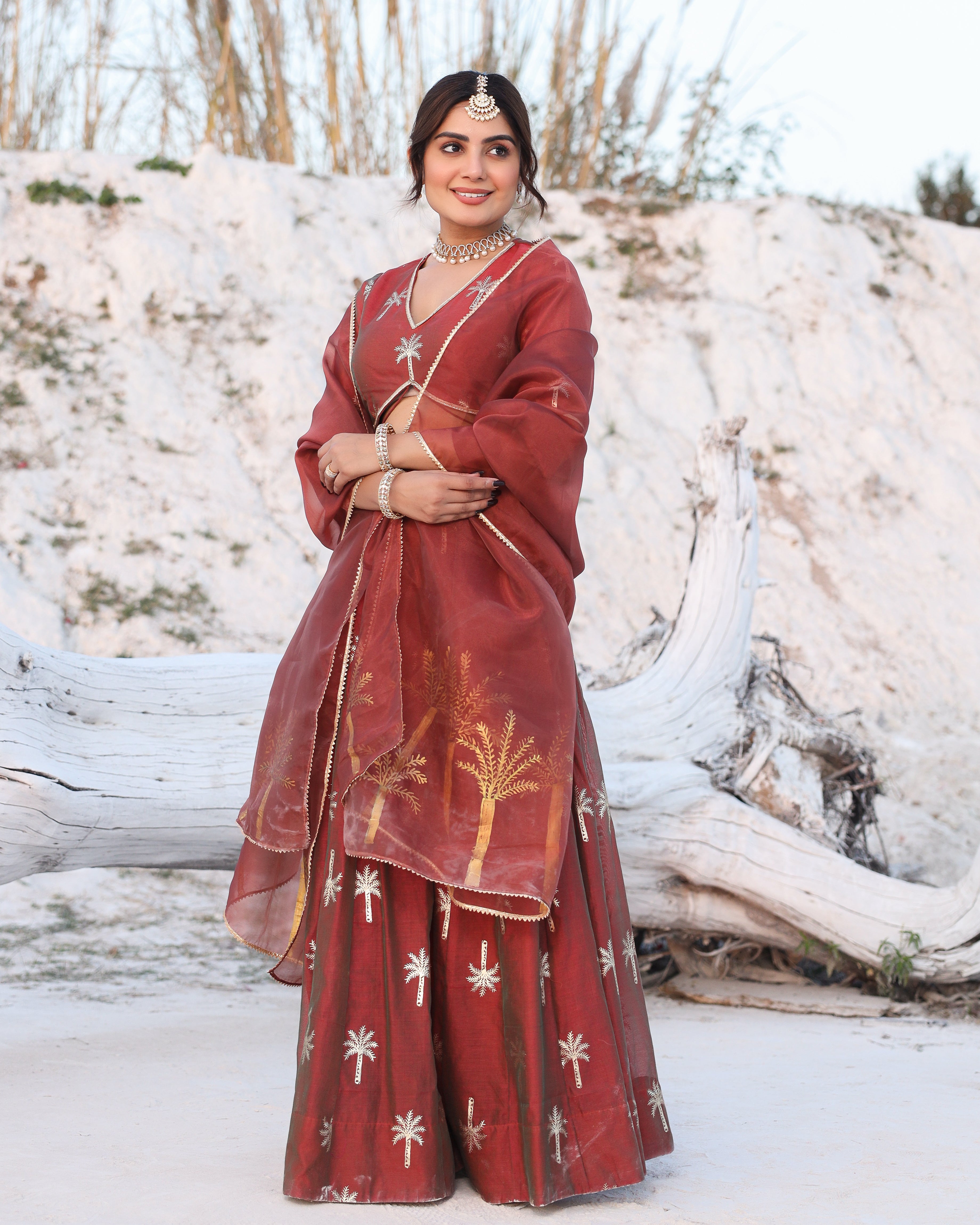 Tree Foil Printed Brown Lehenga Set