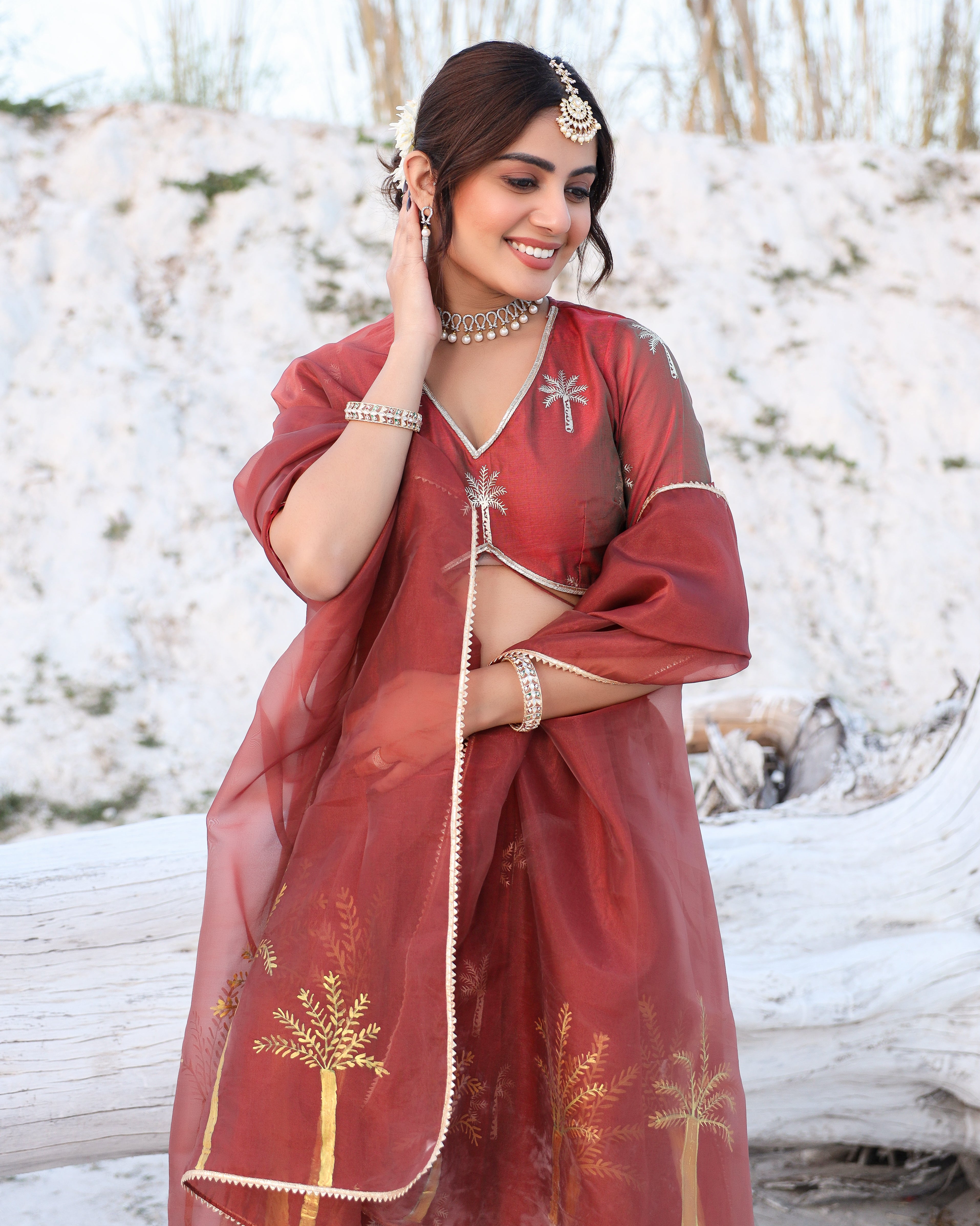 Tree Foil Printed Brown Lehenga Set