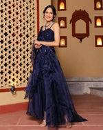 Blue Frilled  Pre-Draped  Saree With Sequin Blouse