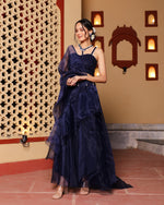 Blue Frilled  Pre-Draped  Saree With Sequin Blouse
