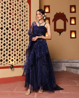 Blue Frilled Saree With Sequin Blouse