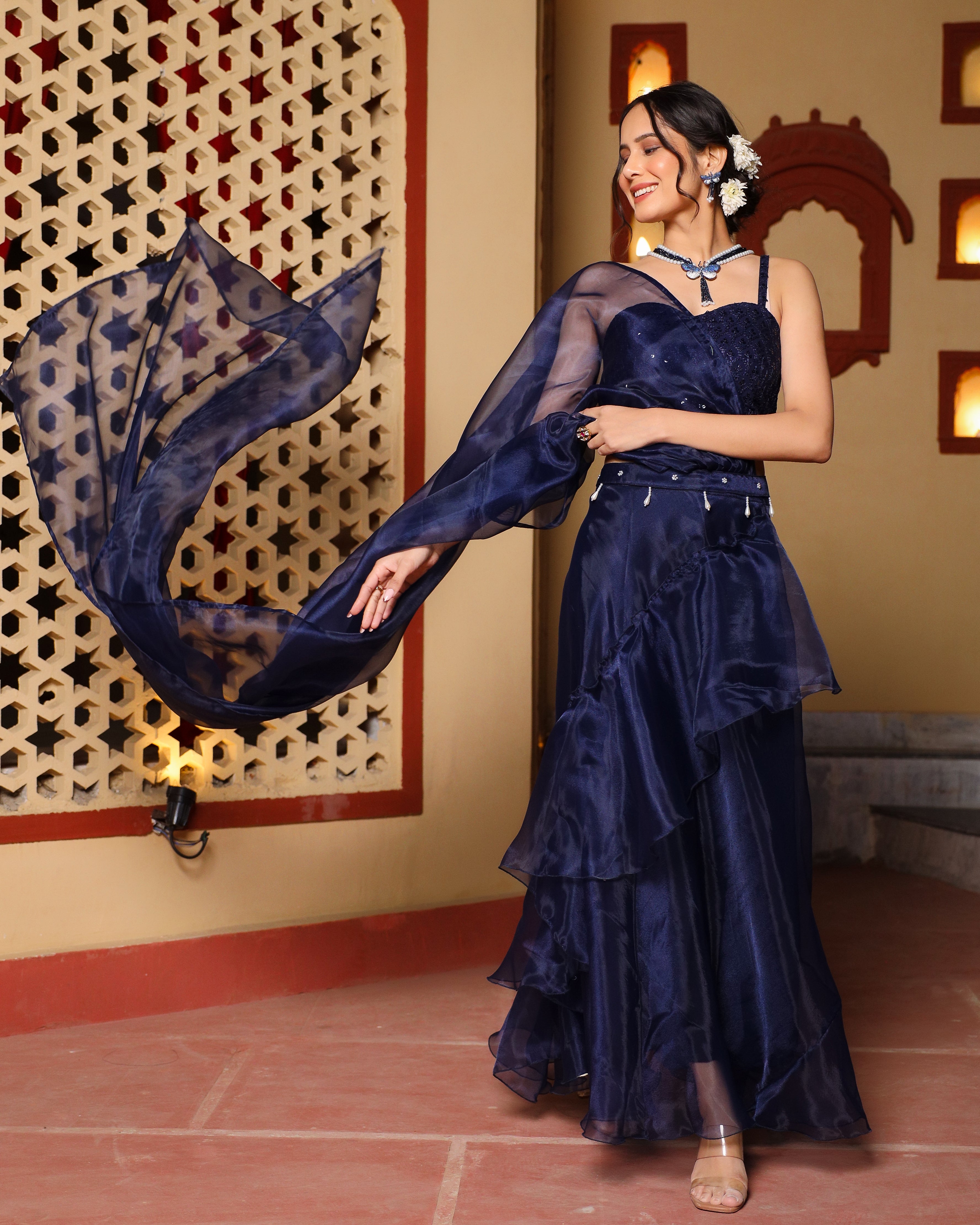 Blue Frilled Saree With Sequin Blouse