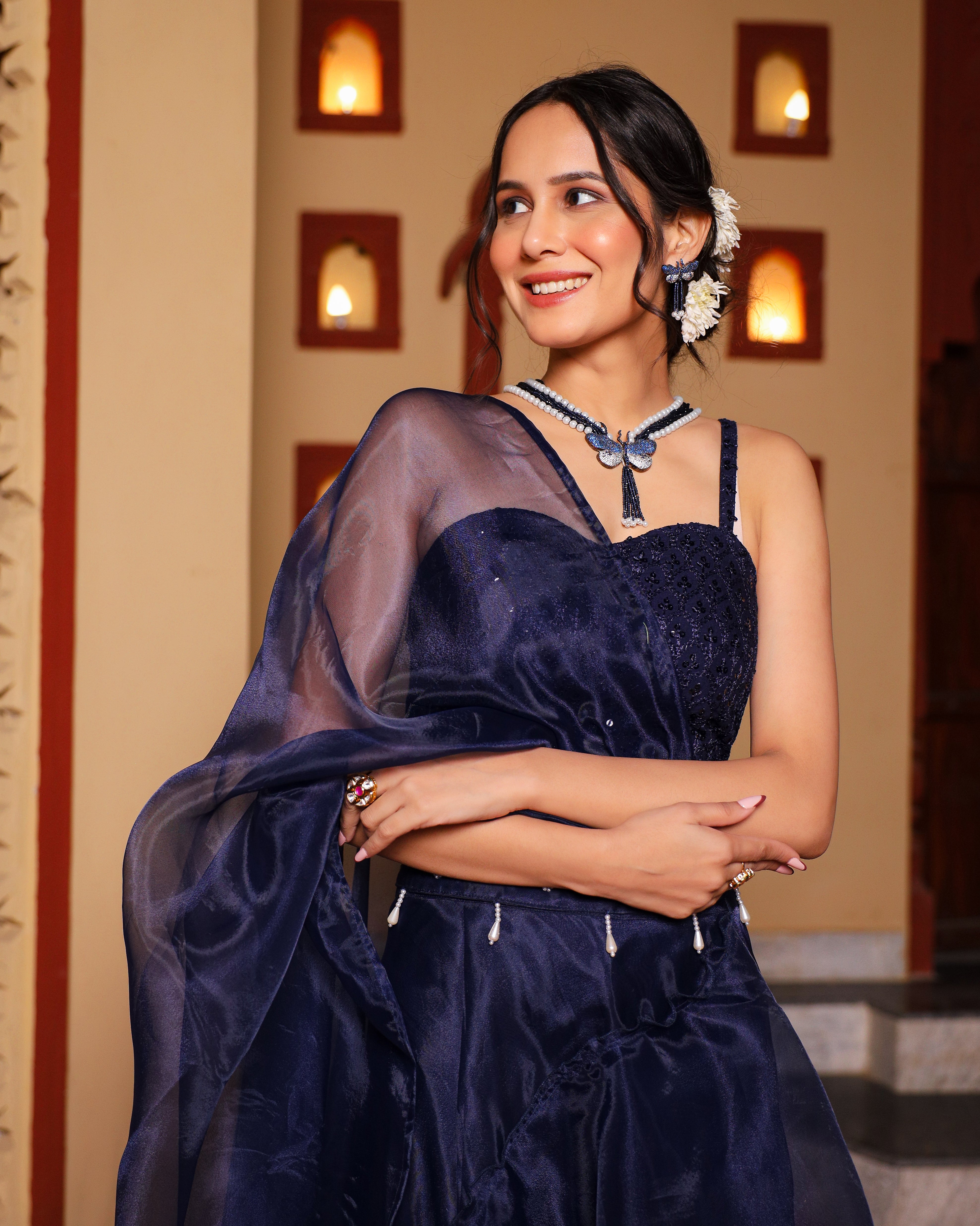 Blue Frilled Saree With Sequin Blouse