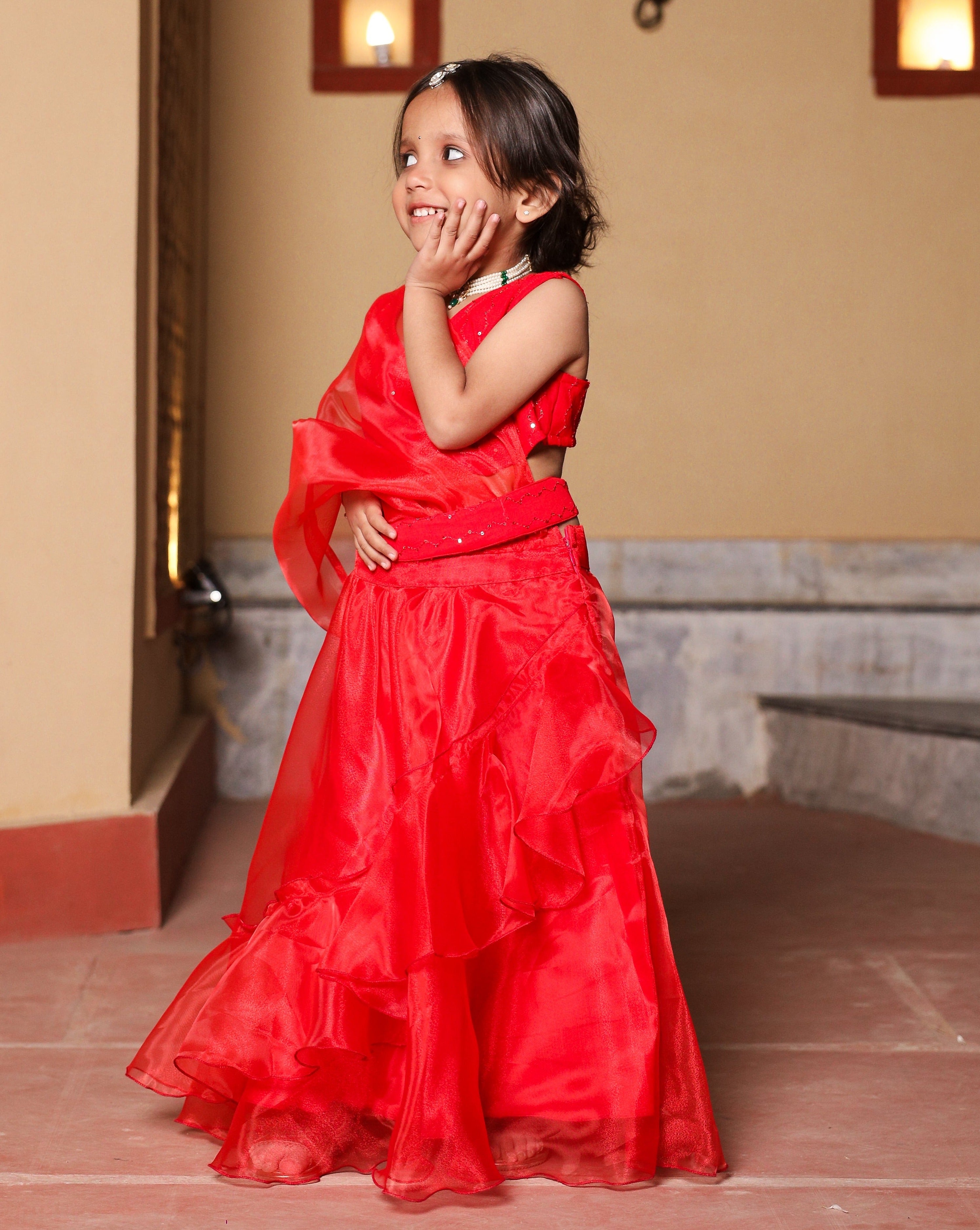 Kids Red Ruffle Sequin Saree