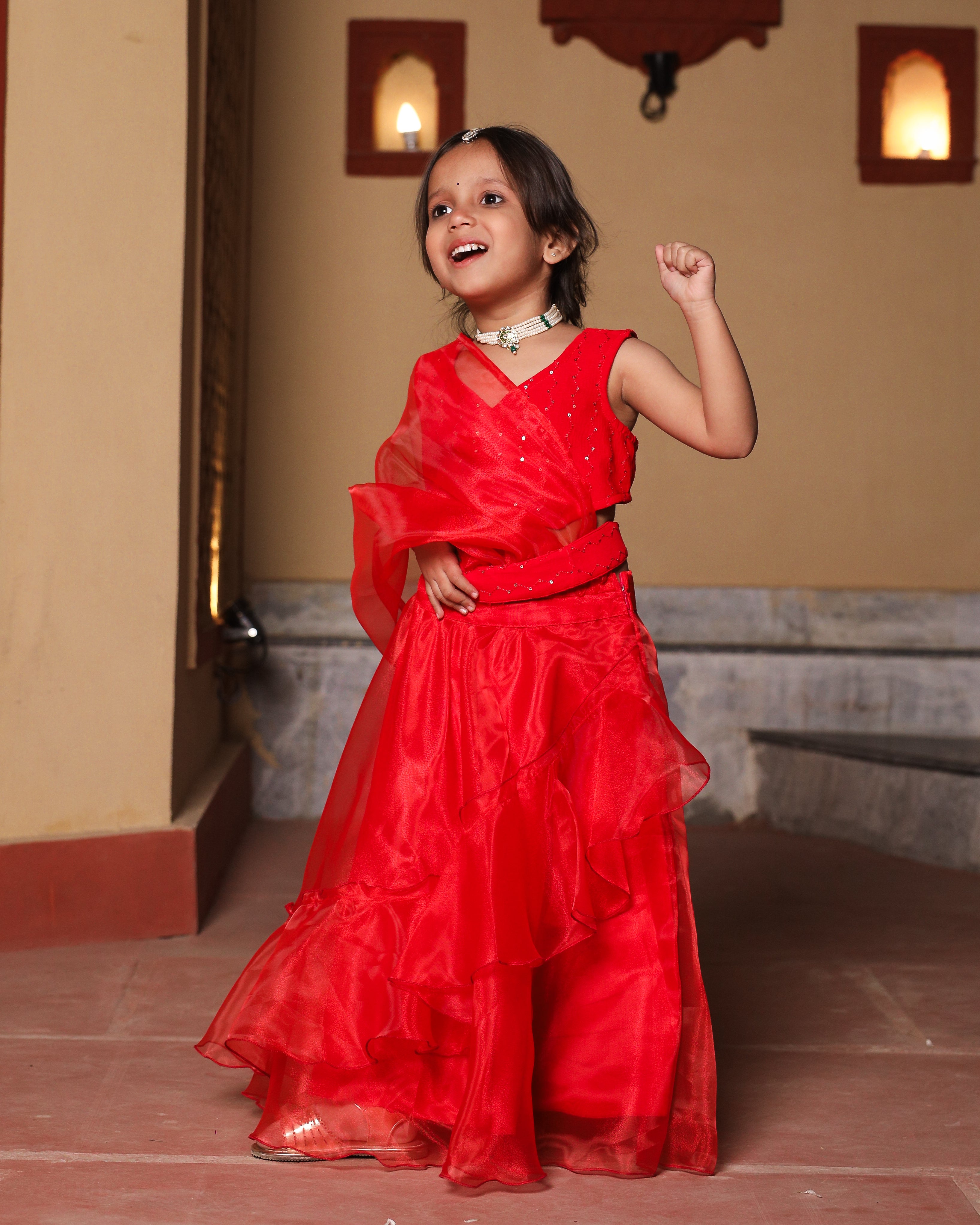 Kids Red Ruffle Sequin Saree