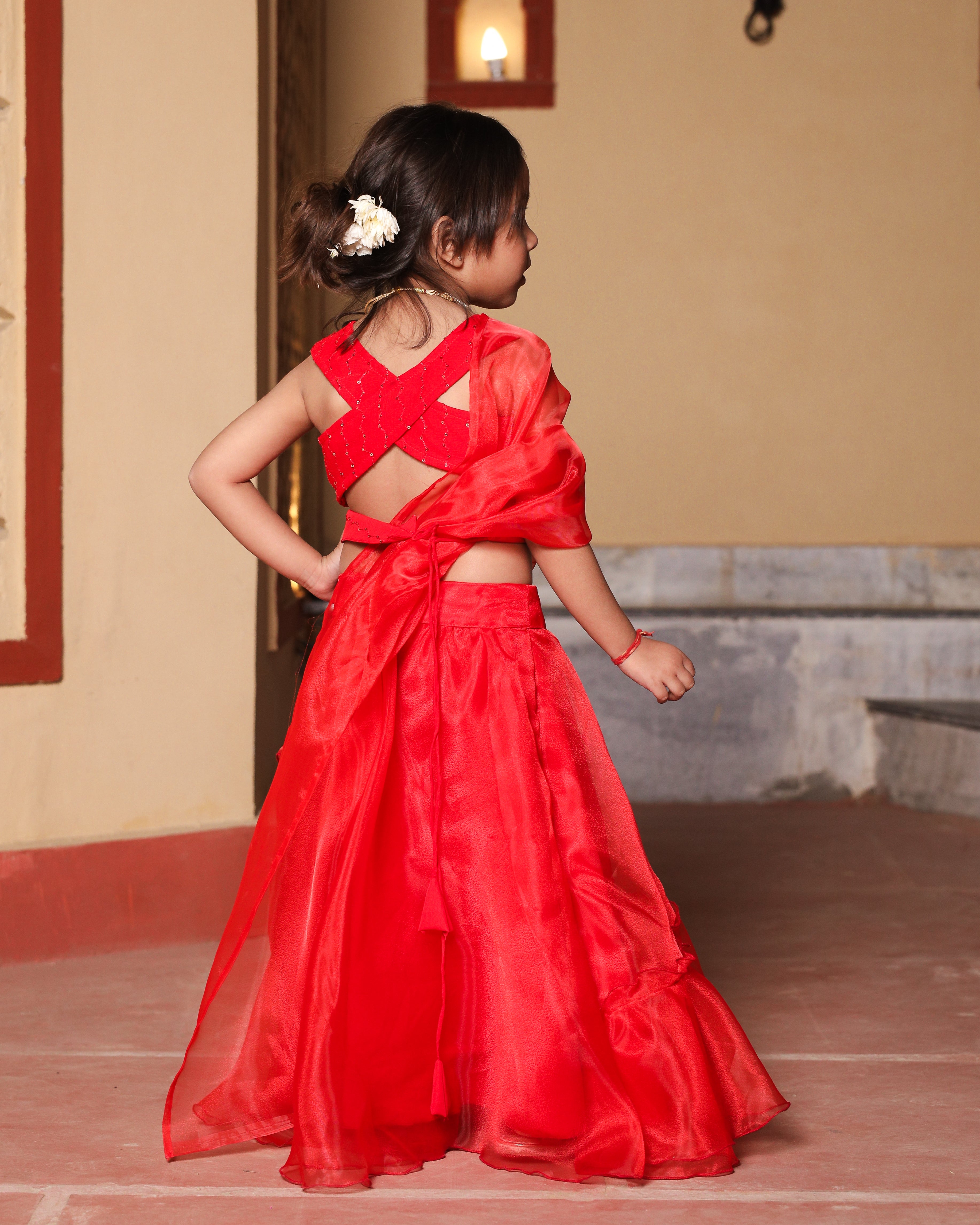 Kids Red Ruffle Sequin Saree