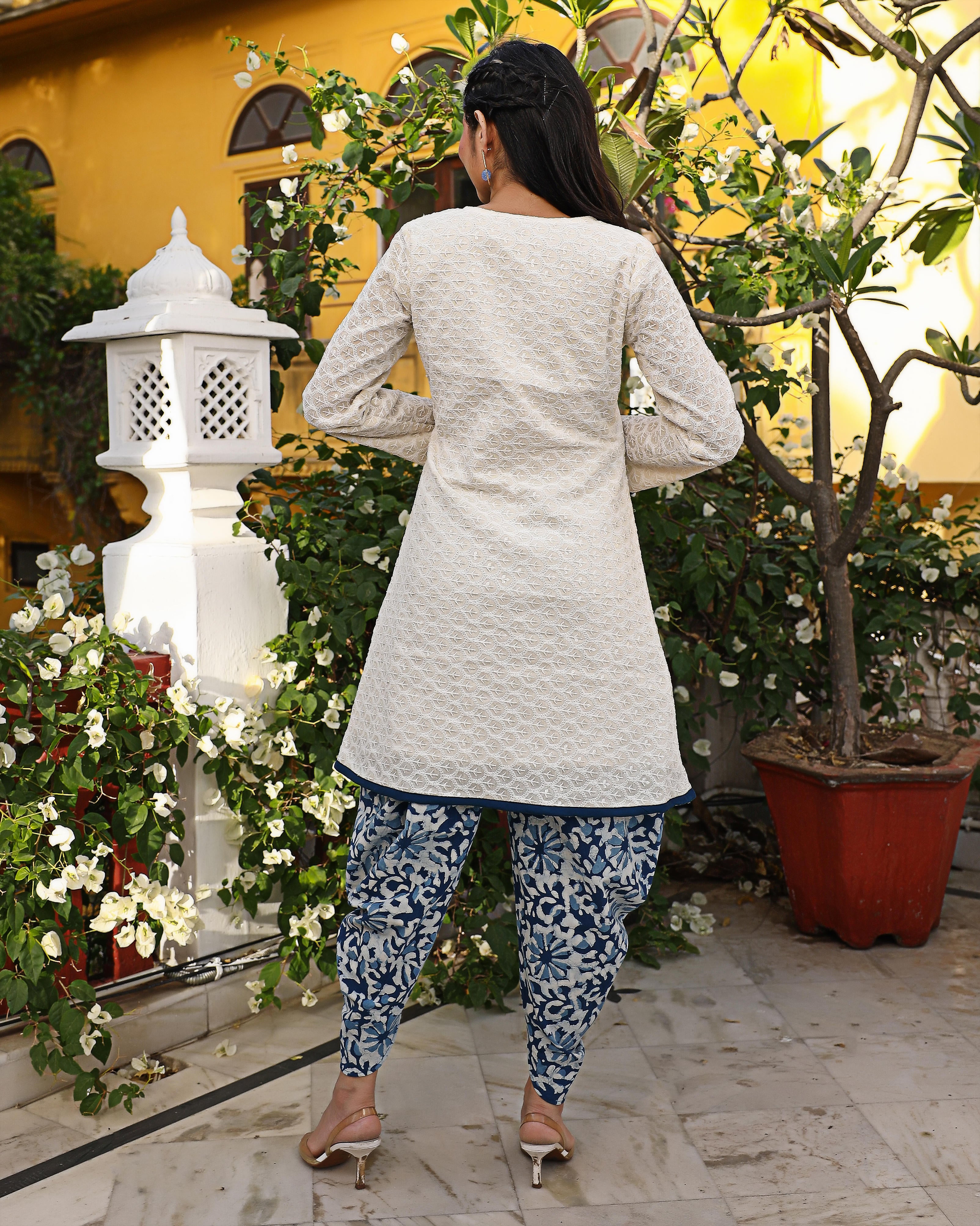 Milky White Chikankari Kurta With Dhoti