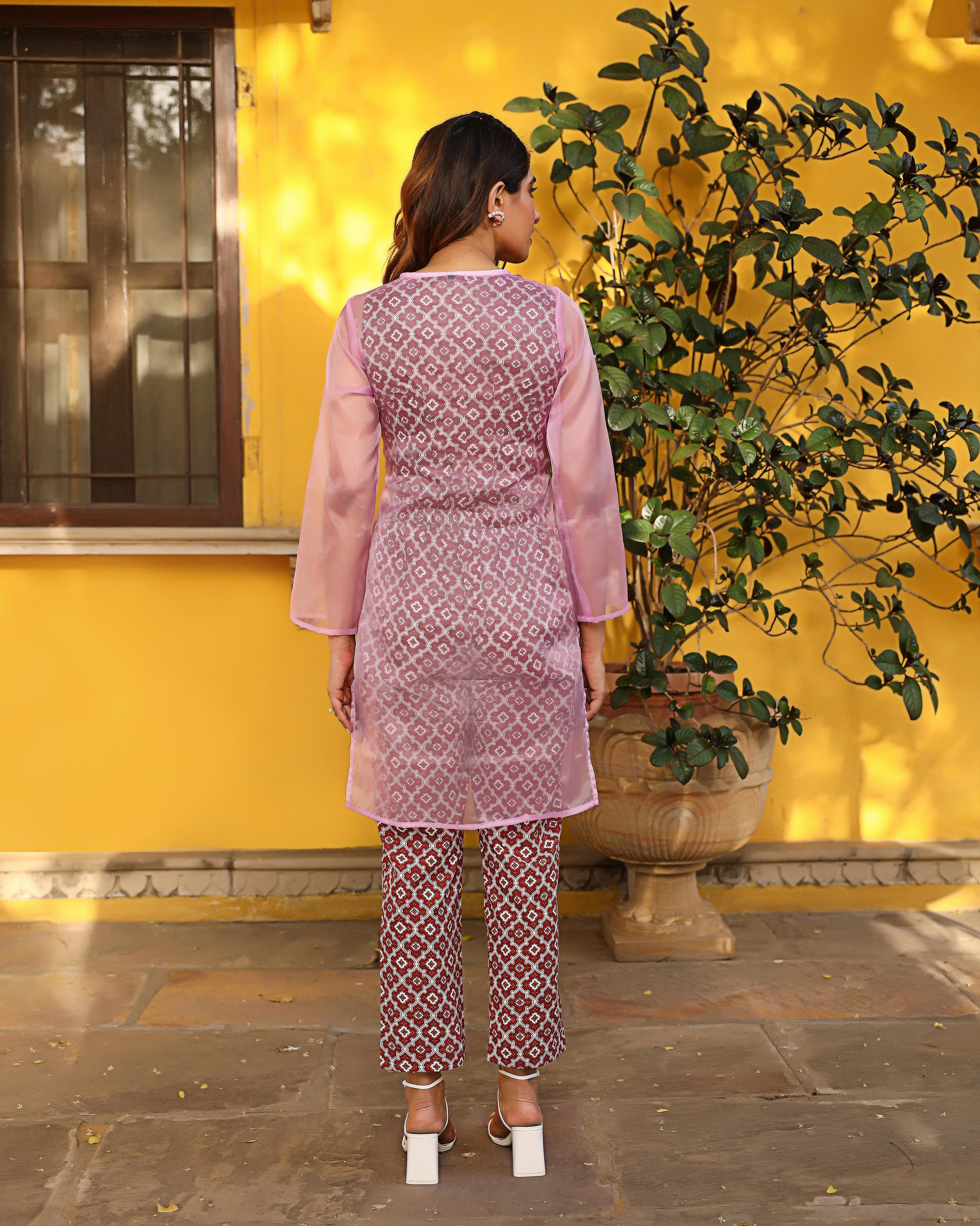 Rosy Pink Organza Kurta With Jumpsuit