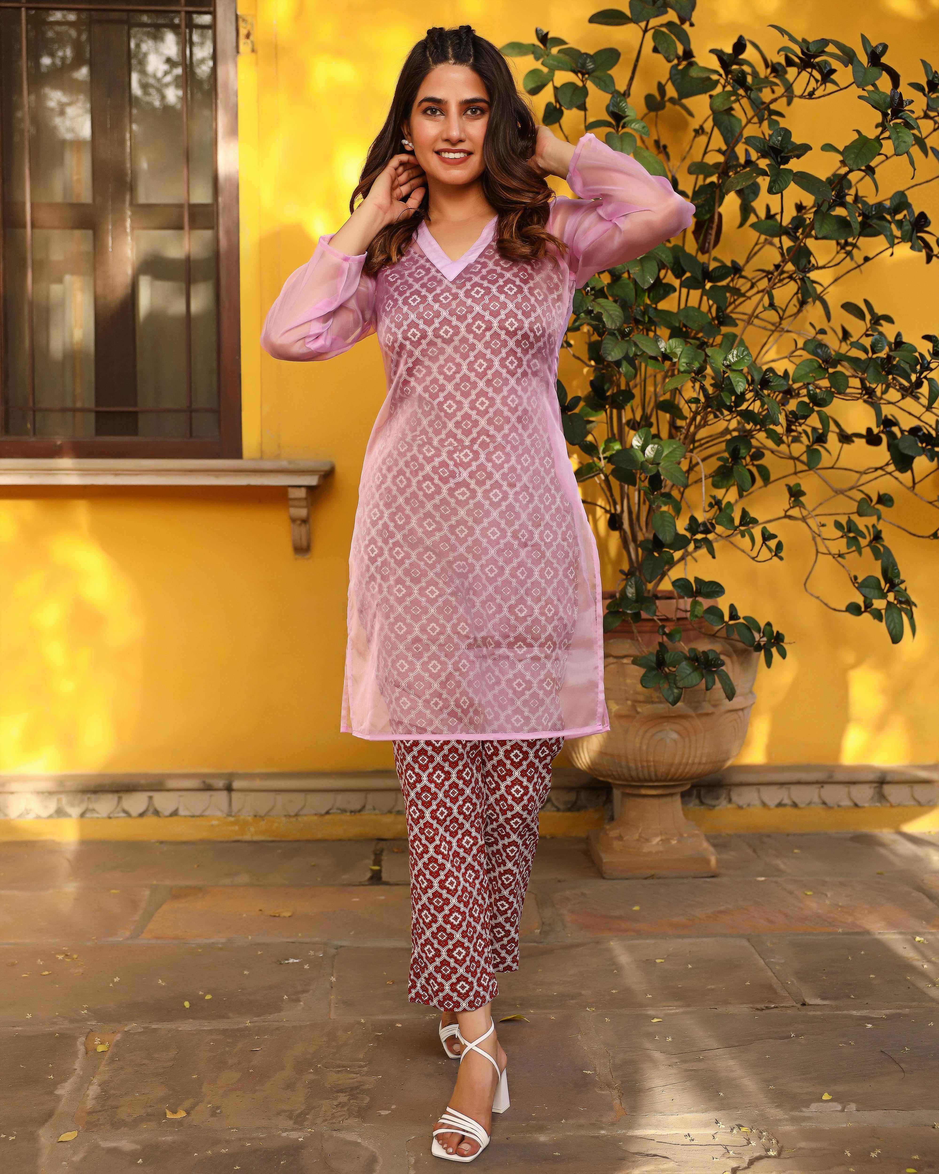 Rosy Pink Organza Kurta With Jumpsuit