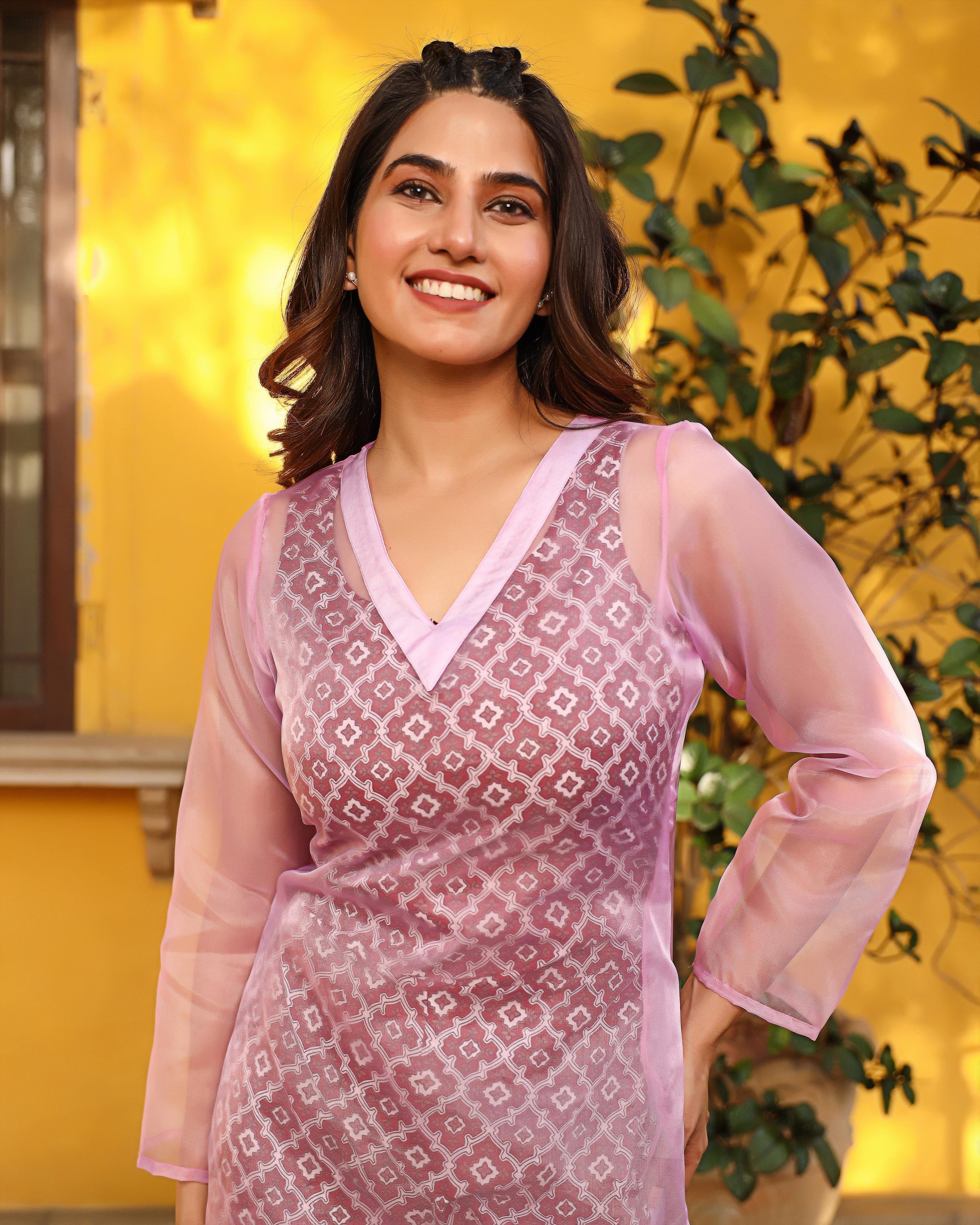 Rosy Pink Organza Kurta With Jumpsuit