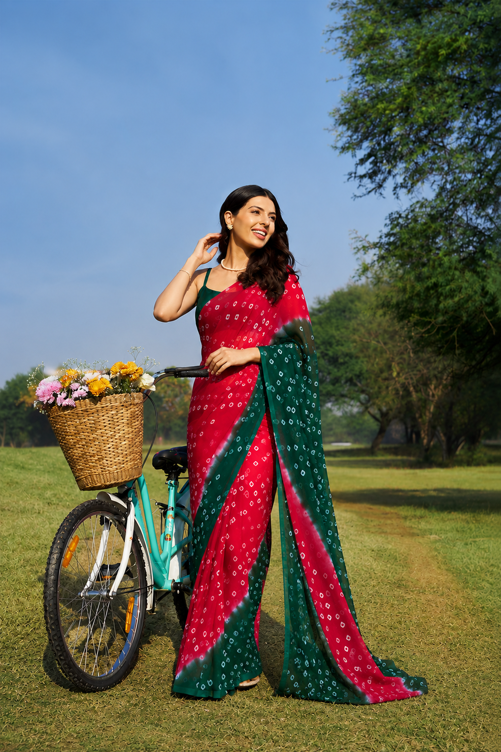 Mahira Red Green Bandhani Chiffon Saree