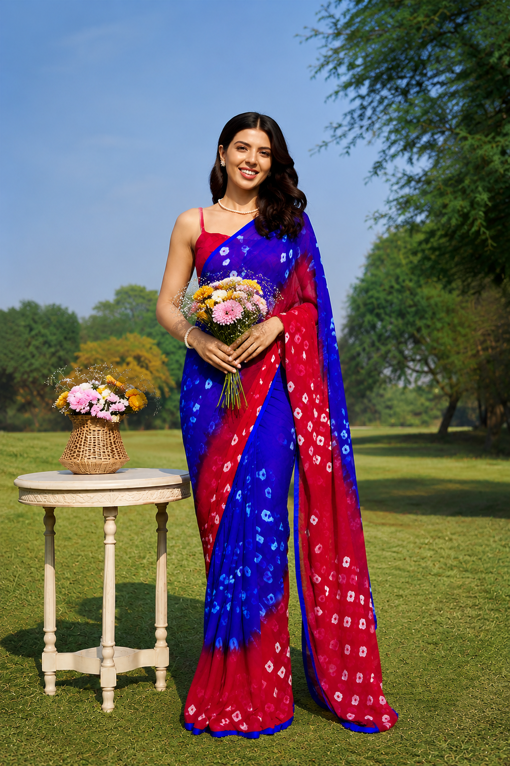 Vanya Red Blue Bandhani Chiffon Saree