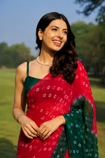 Mahira Red Green Bandhani Chiffon Saree