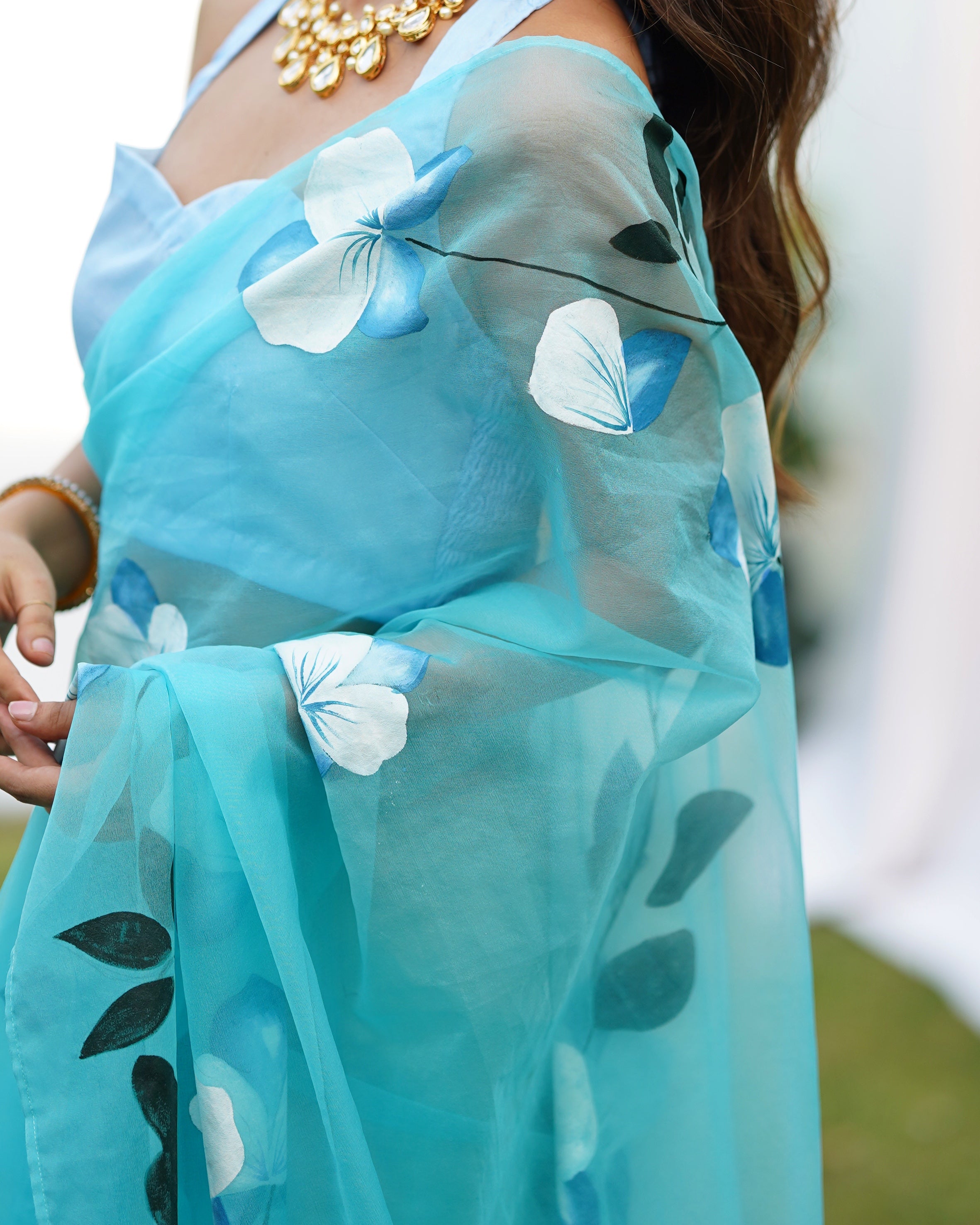 Blue Organza Handpainted  Saree