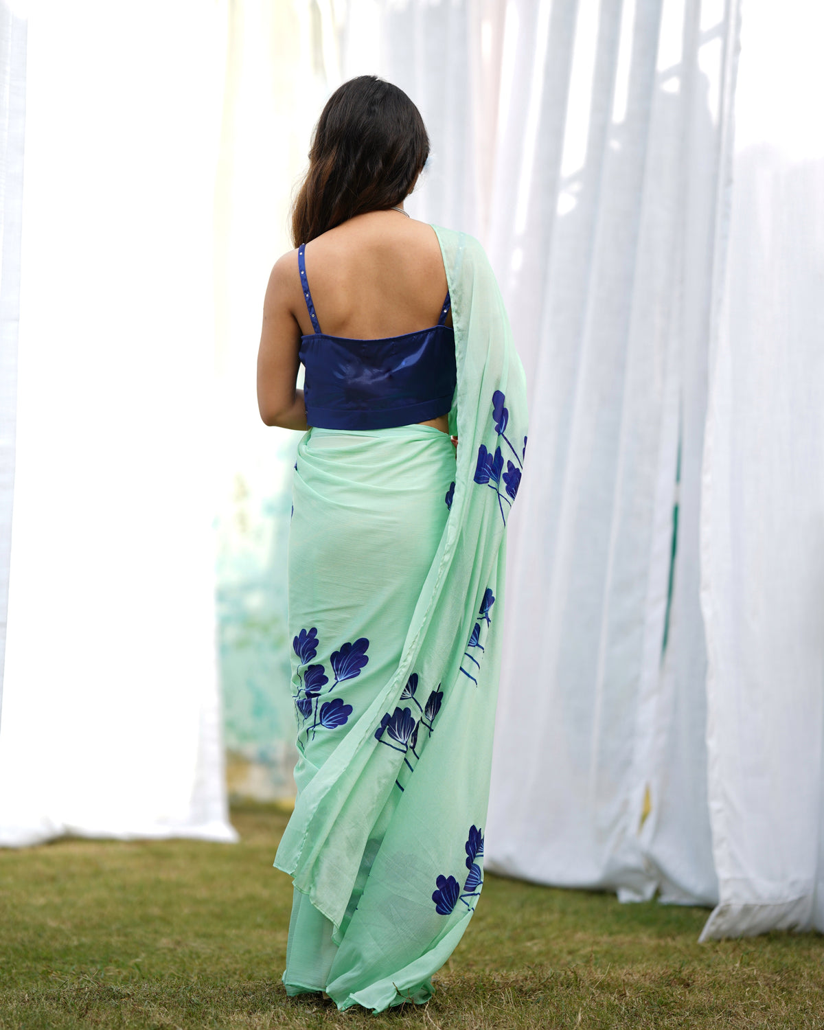 Misty Green Handpainted Draped Saree