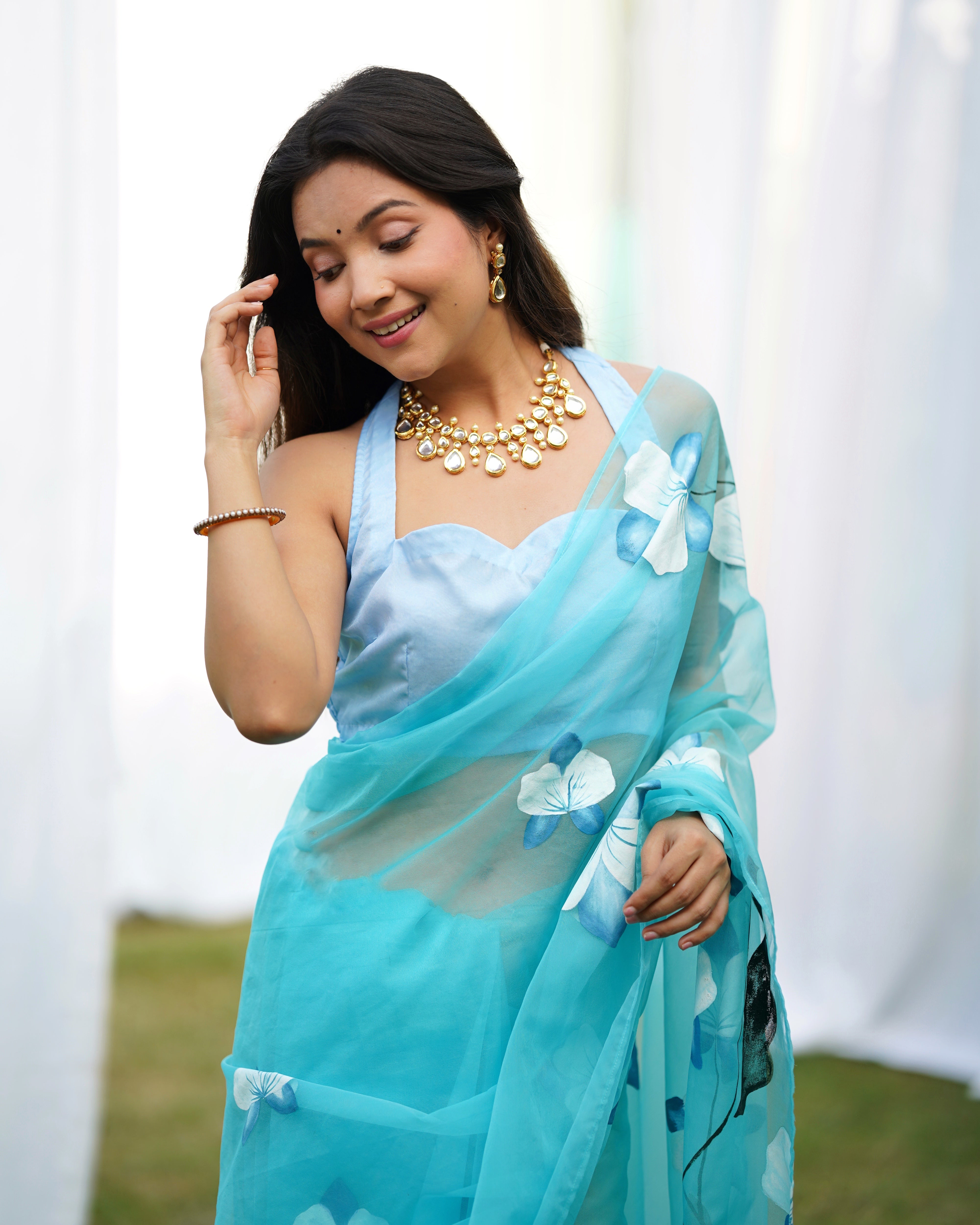 Blue Organza Handpainted  Saree