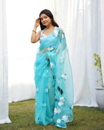 Blue Organza Handpainted  Saree