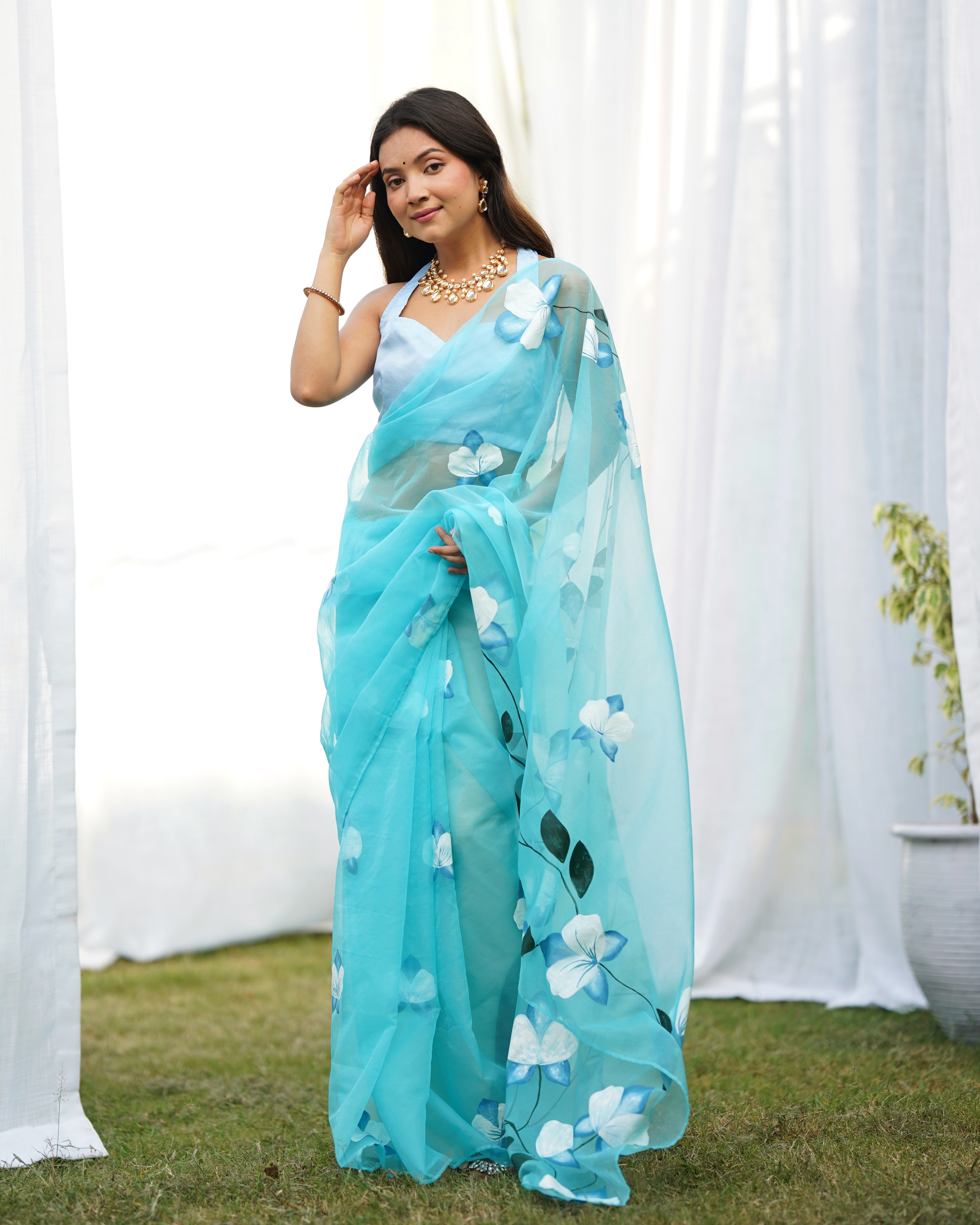 Blue Organza Handpainted  Saree