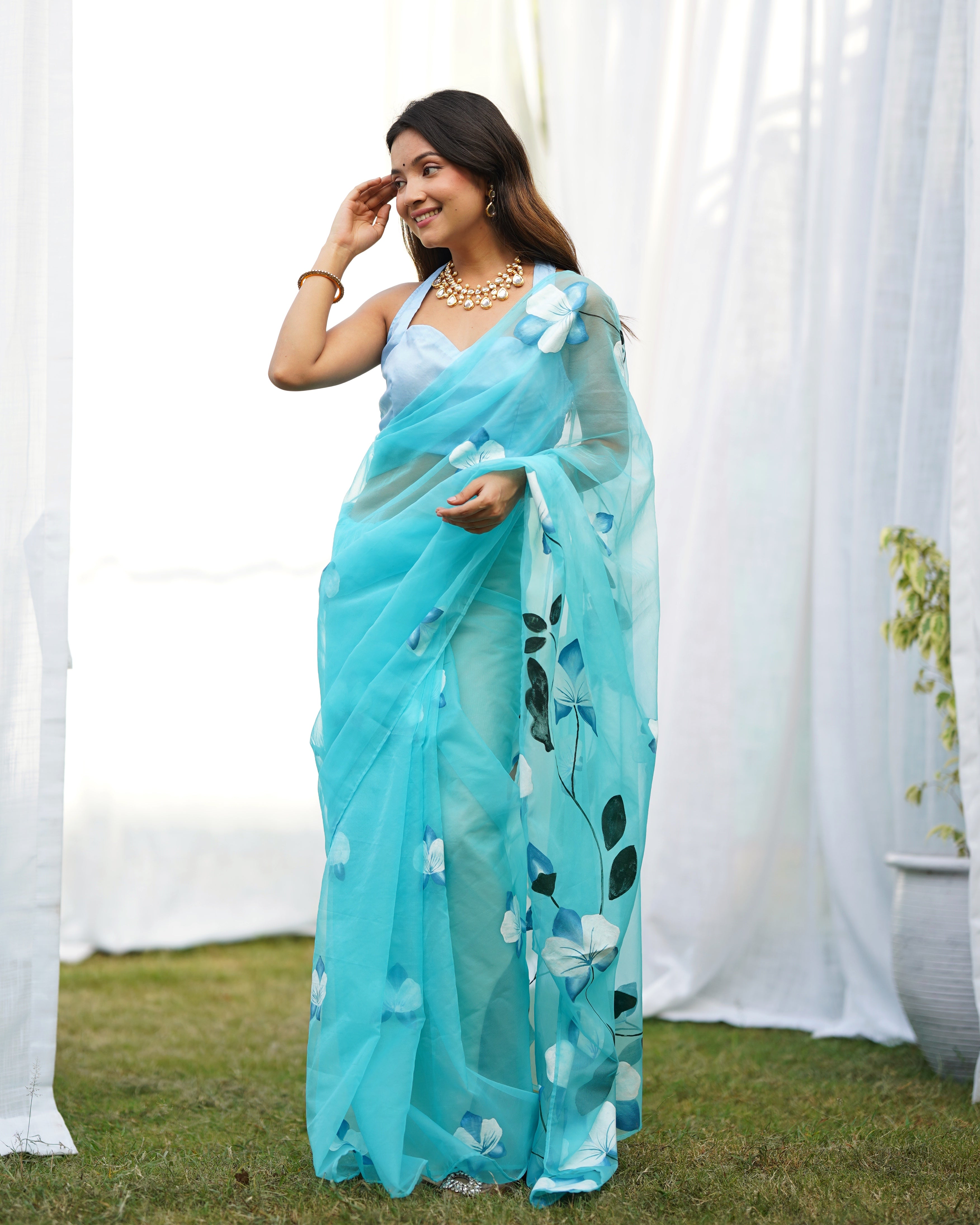 Blue Organza Handpainted  Saree