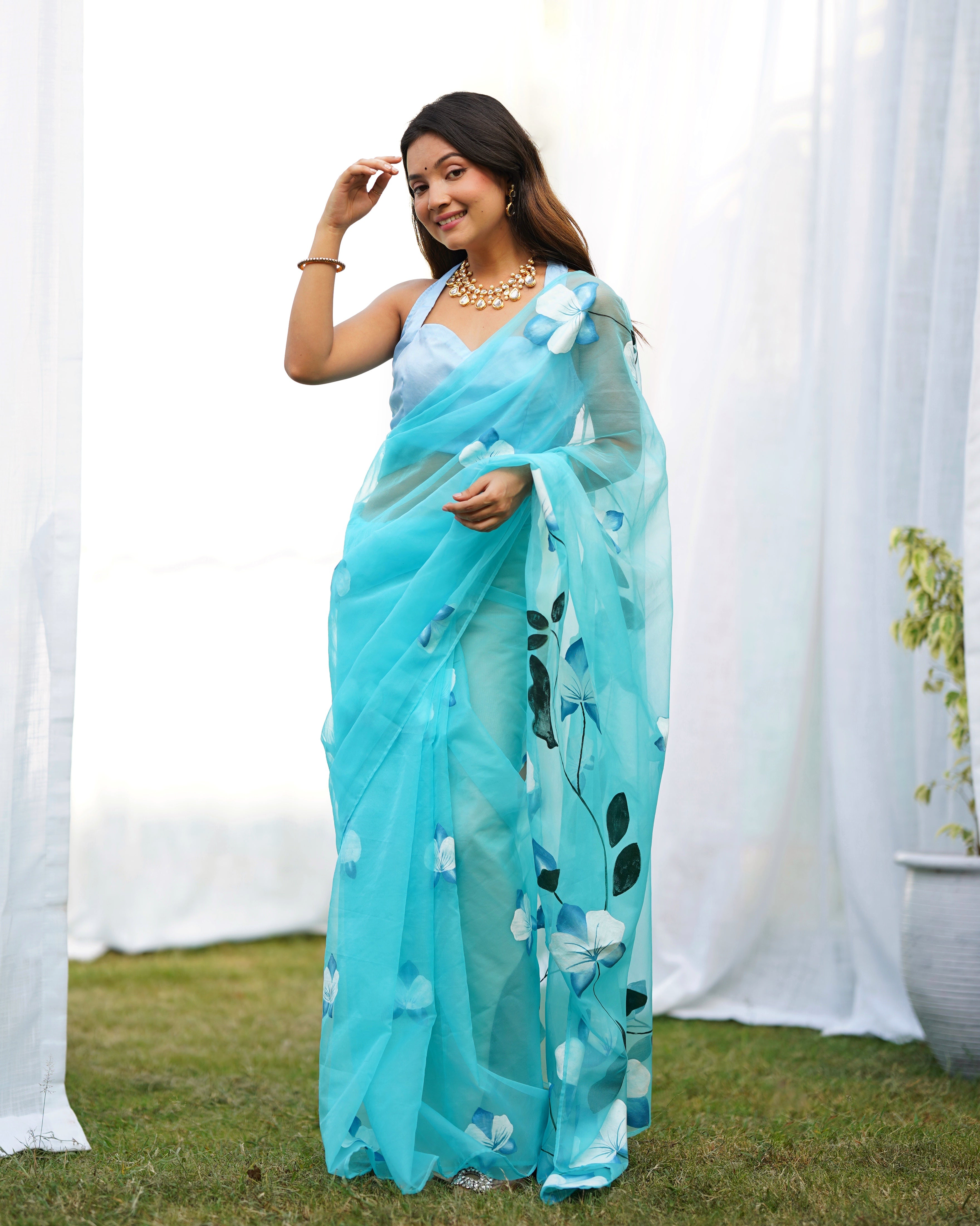 Blue Organza Handpainted  Saree