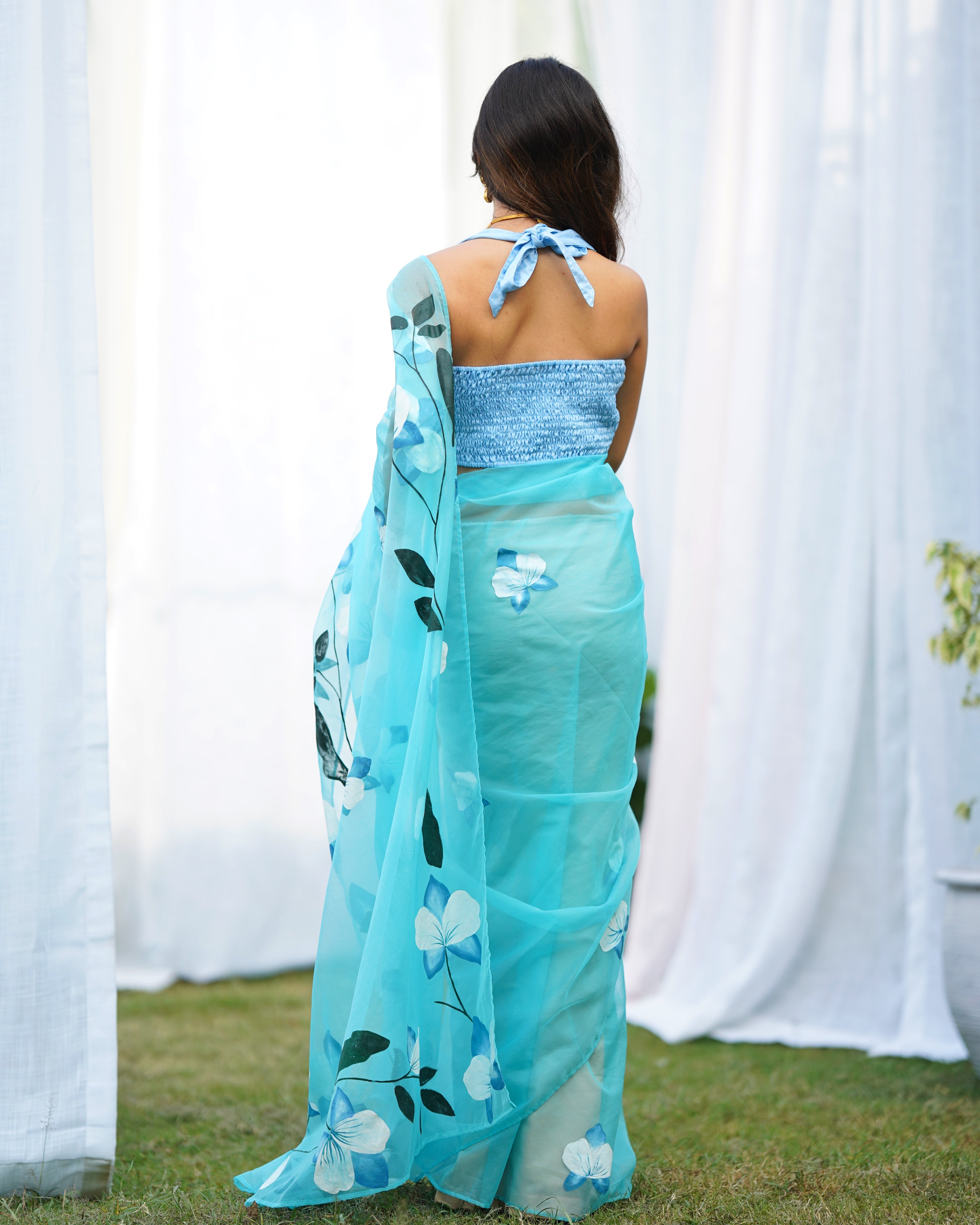 Blue Organza Handpainted  Saree