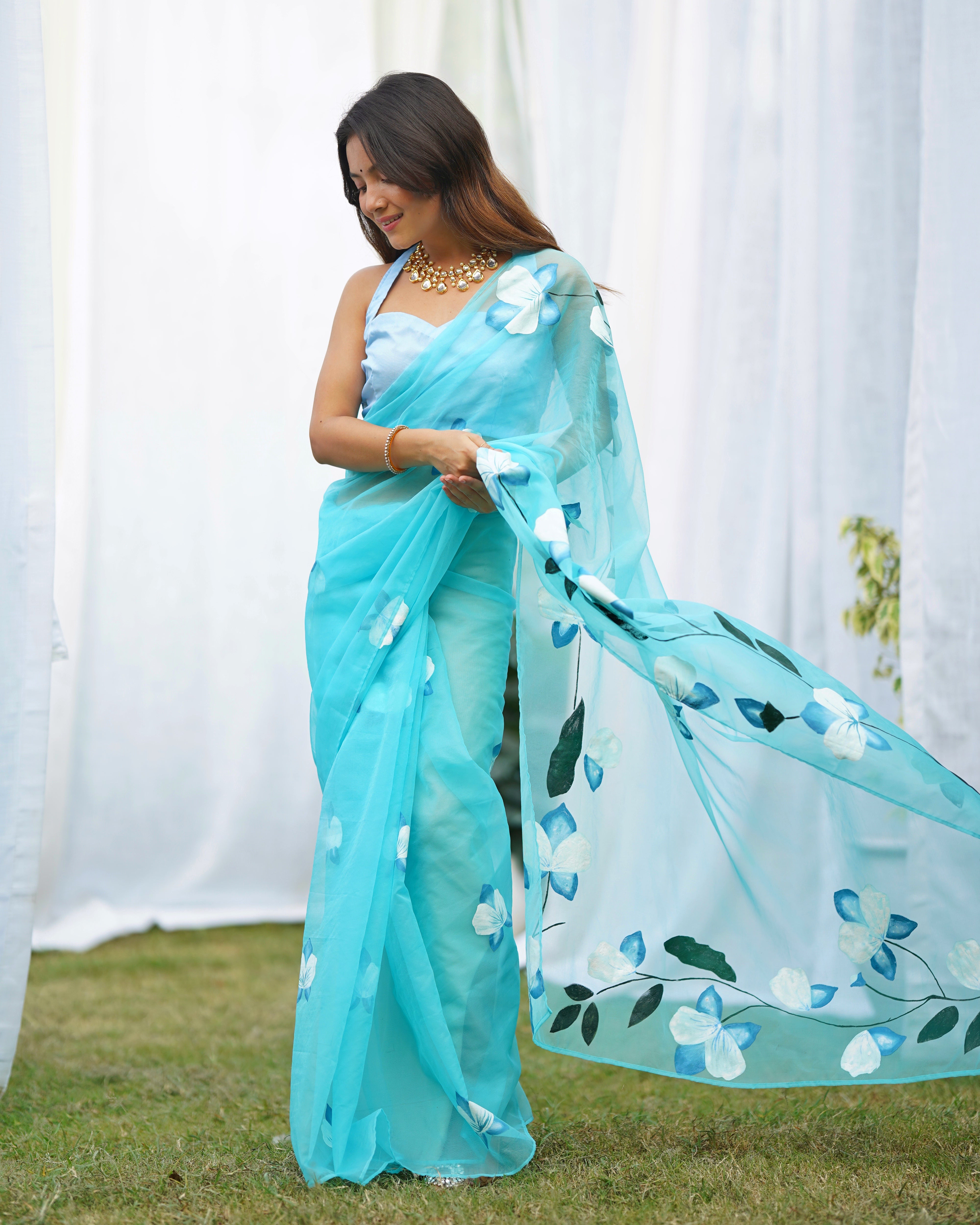 Blue Organza Handpainted  Saree