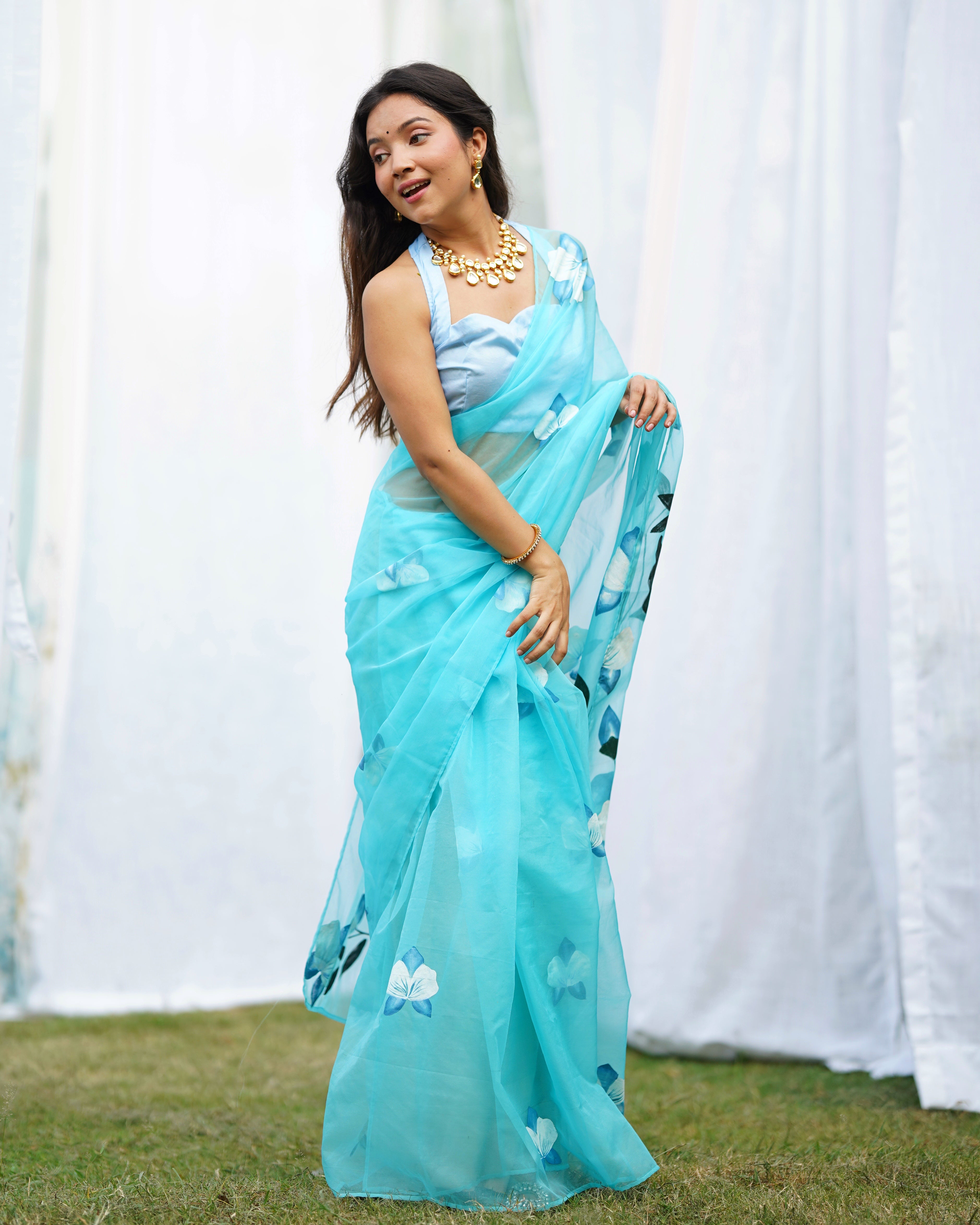 Blue Organza Handpainted  Saree