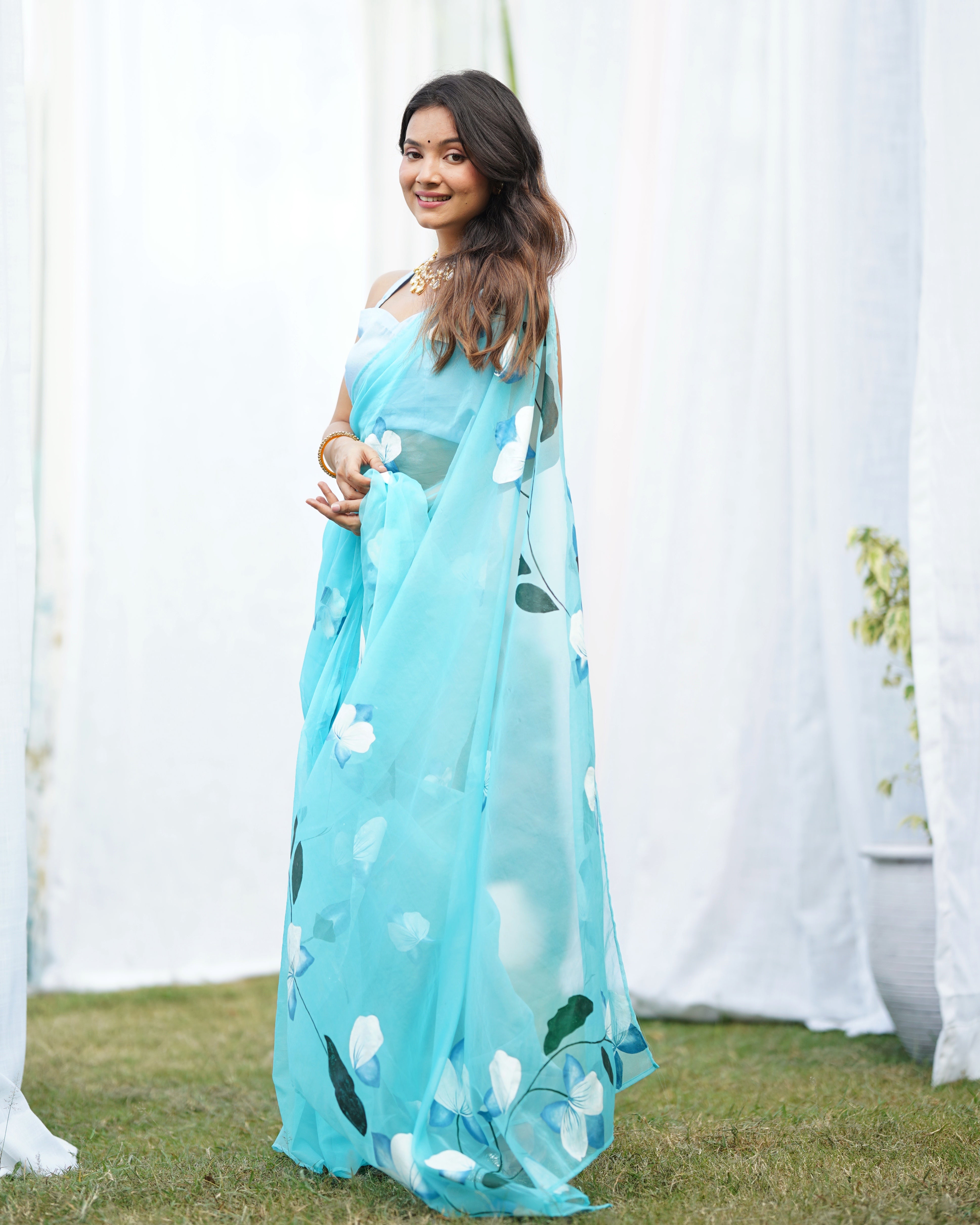 Blue Organza Handpainted  Saree