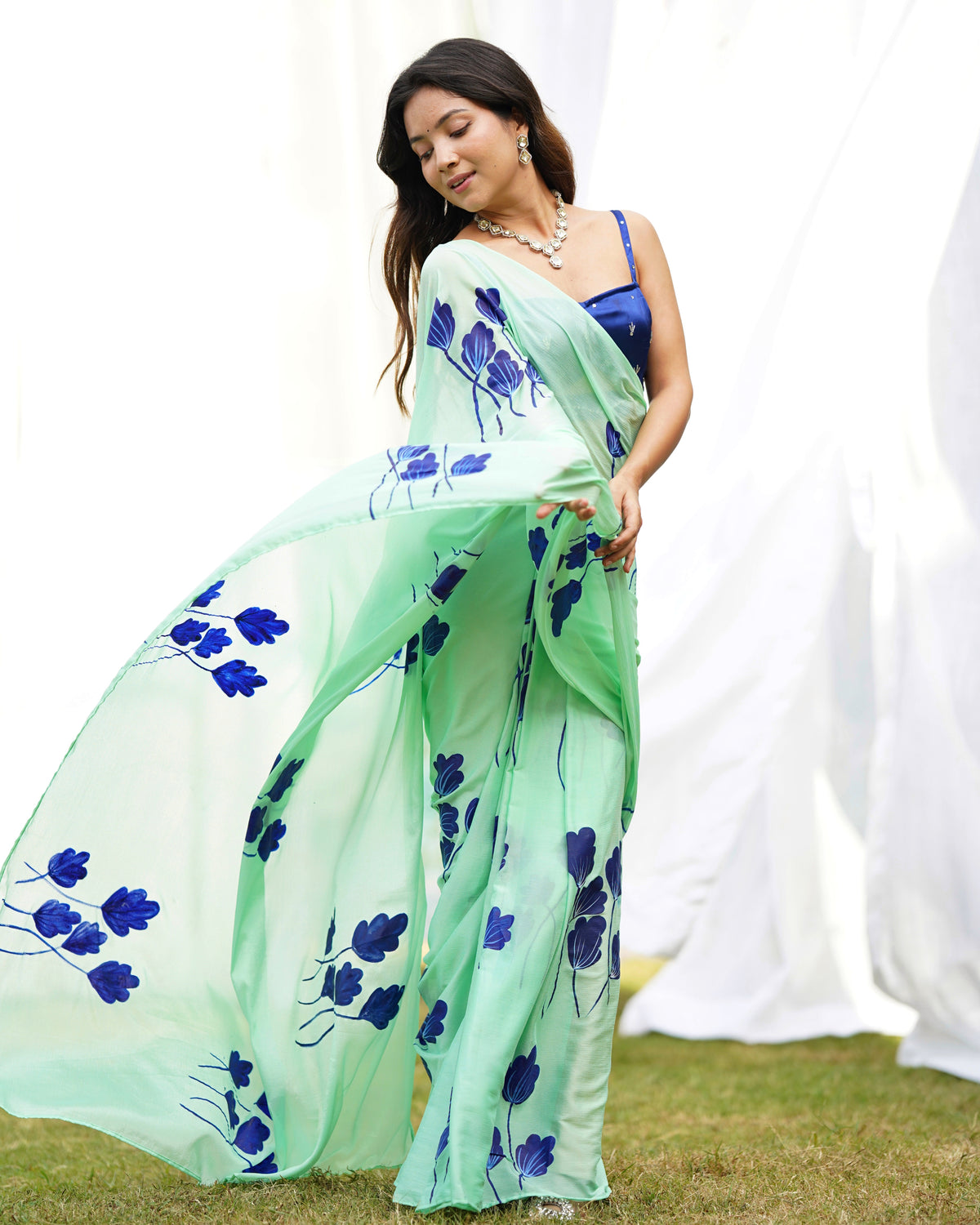 Misty Green Handpainted Draped Saree