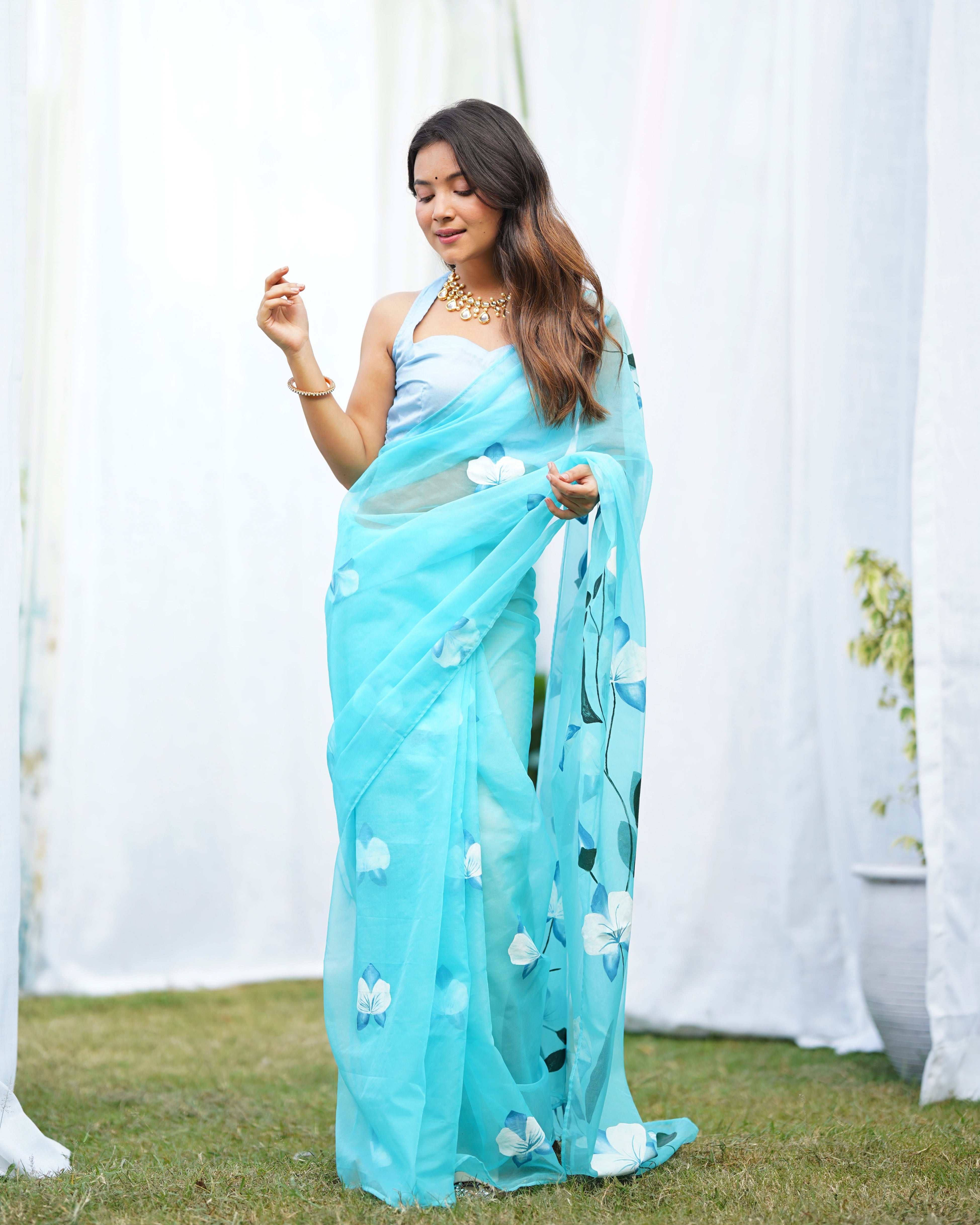 Blue Organza Handpainted  Saree